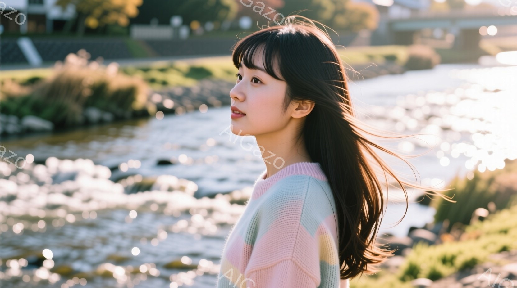 若い女性が、パステルカラーの菱形模様のセーターを着て、川沿いを歩いている。彼女は黒髪のストレートヘアで、少し微笑んだ表情で遠くを見つめている。背景には、水が流れる川と草が生い茂る岸辺があり、全体的に穏やかで優しい雰囲気である。