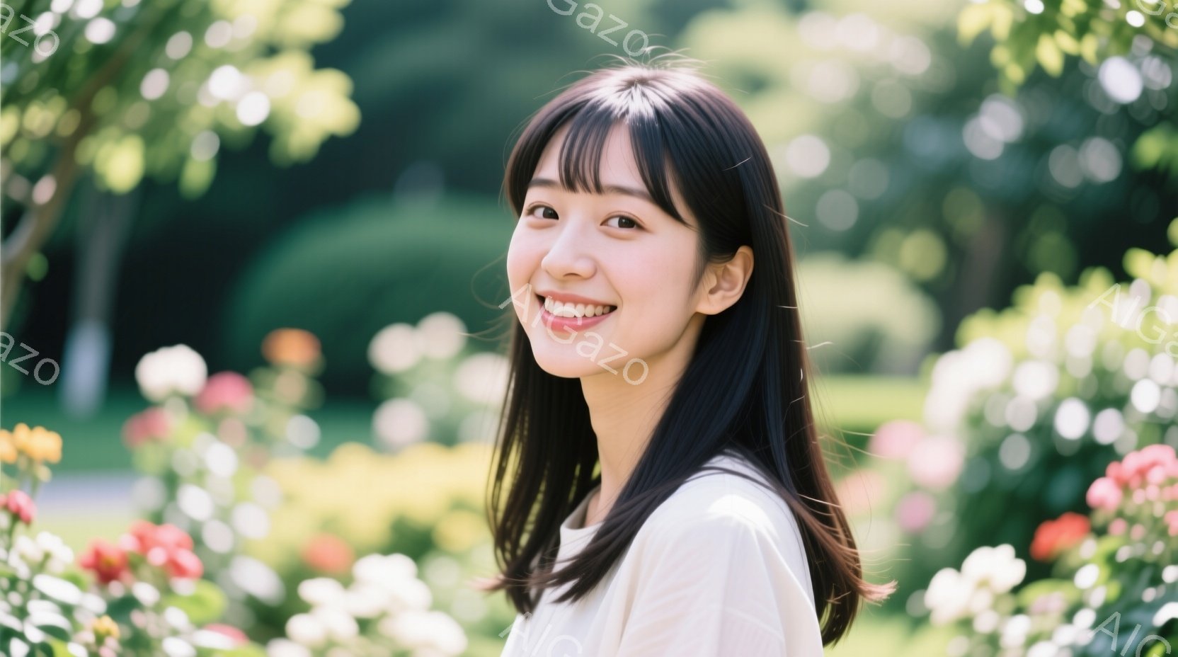 黒髪で前髪が少し長めの女性が、白いシャツを着て微笑んでいます。背景には様々な色のバラが咲き乱れ、緑豊かな自然の中で穏やかな雰囲気を醸し出しています。彼女は少し横を向き、明るい日差しの中でリラックスした表情を見せています。