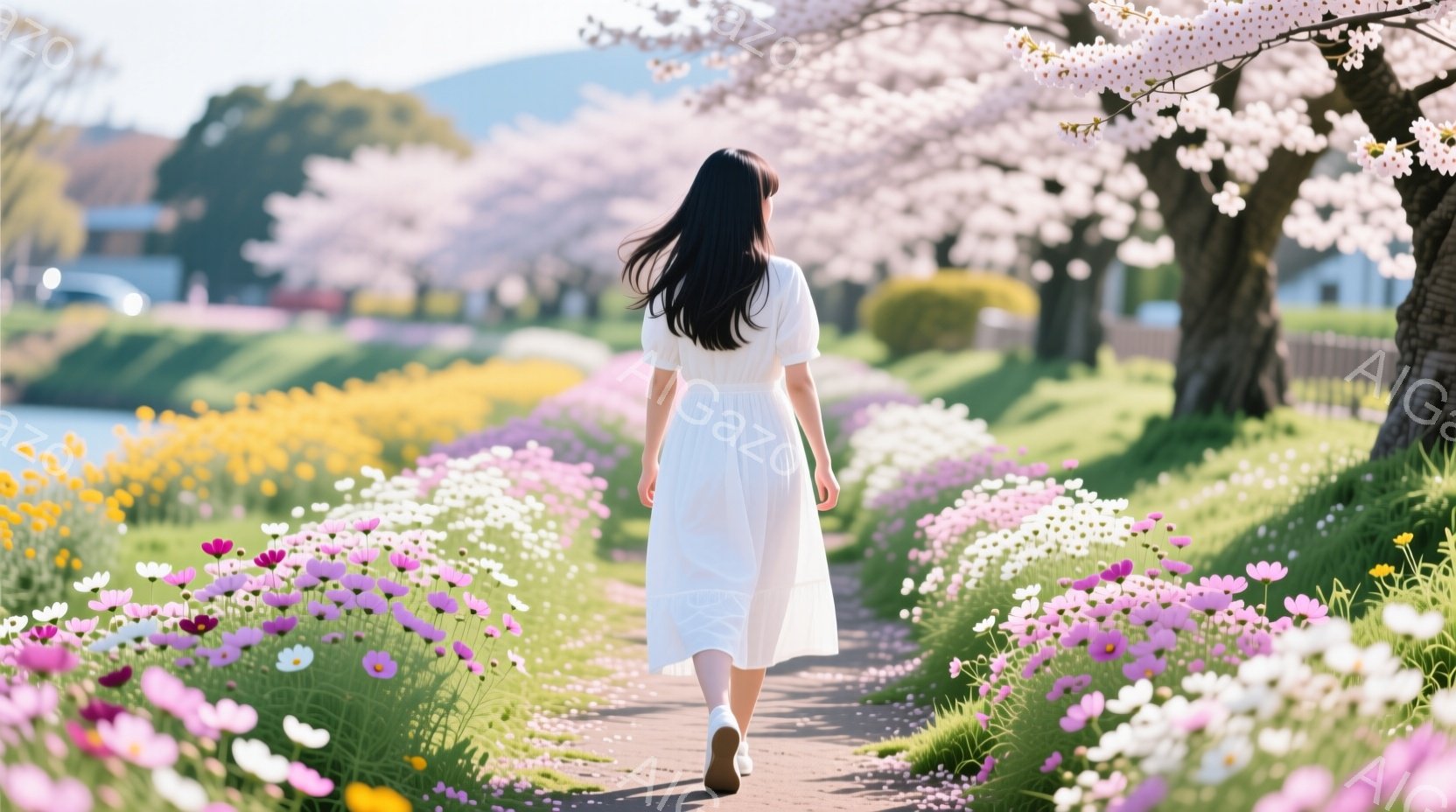 白いワンピースを着た女性が、桜並木とコスモスの咲き乱れる道を歩いている。彼女は後ろ姿で、黒髪が長く、穏やかな雰囲気が漂っている。背景には緑豊かな丘と穏やかな湖が見え、春の暖かく優しい一日が感じられる。