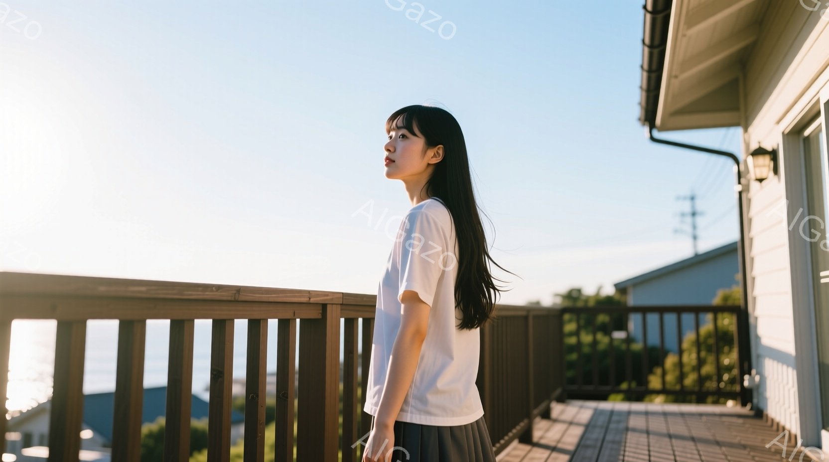 長い黒髪の女性が、バルコニーの手すりに寄りかかり、遠くを見つめている。白いTシャツとグレーのスカートを着用しており、リラックスした姿勢で、表情は穏やかで少し物憂げだ。背景には、木々や住宅が見え、晴れた日の穏やかな光が差し込み、全体的に静かでノスタルジックな雰囲気を醸し出している。