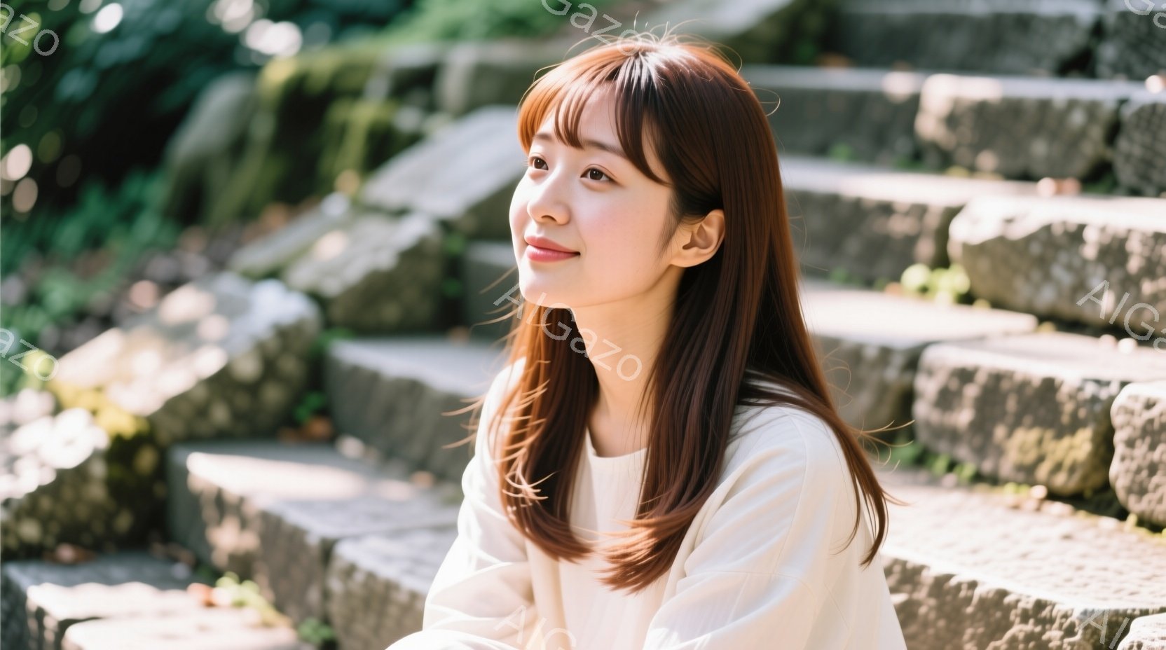 長い茶色の髪を肩まで伸ばした若い女性が、白いセーターを着て石段に座っています。彼女は少し上を見つめ、穏やかな微笑みを浮かべており、リラックスした雰囲気です。背景には緑豊かな植物が見え、柔らかな自然光が彼女を照らしています。