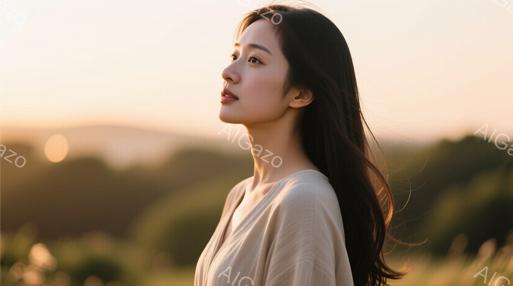 長い黒髪をなびかせ、ベージュ色のシンプルなトップスを着た若い女性が横顔で描かれている。彼女は遠くを見つめ、物憂げで静かな表情を浮かべている。背景には緑豊かな丘陵地帯が広がり、夕焼けのような暖かい光が全体を包み込み、穏やかでノスタルジックな雰囲気を醸し出している。