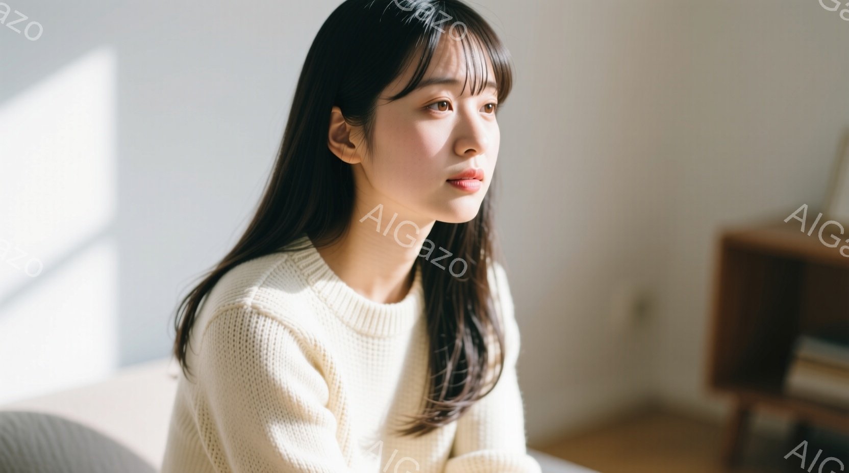 長い黒髪の女性が、オフホワイトのケーブルニットセーターを着て、少し考え込んでいる表情をしている。彼女は右を向き、柔らかな光が差し込む室内でリラックスした姿勢で座っている。背景には木製のキャビネットが見え、全体的に穏やかで静謐な雰囲気が漂っている。