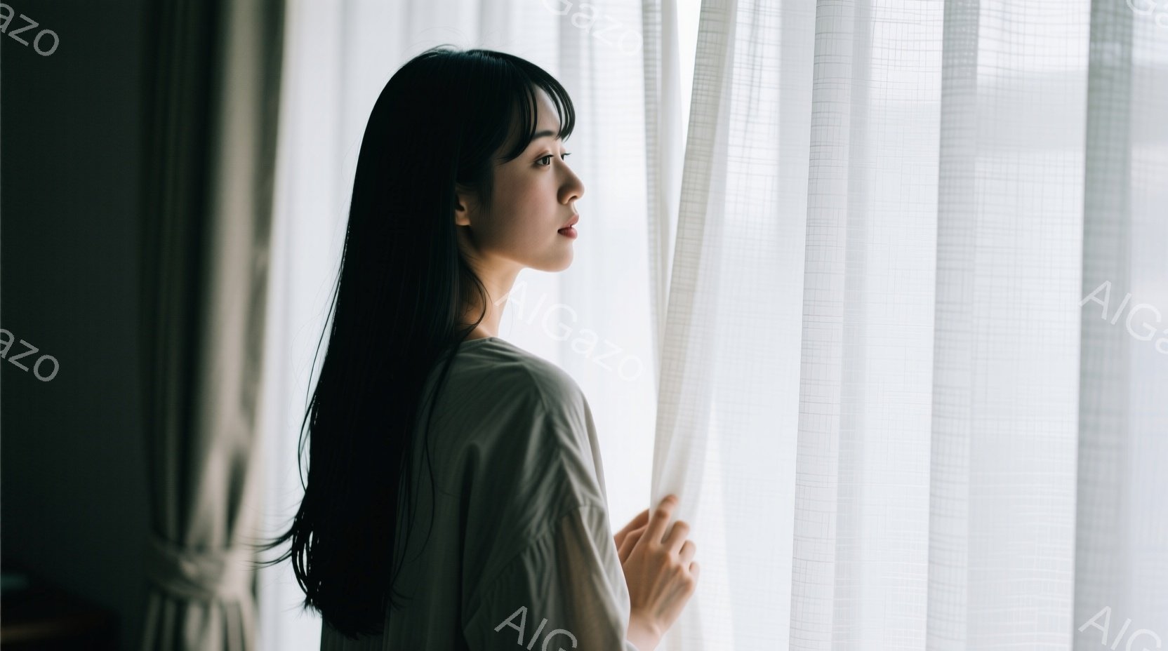 長い黒髪を肩まで伸ばした女性が、窓辺に立って白いカーテンをわずかに握っている。彼女は薄い色のトップスを着ており、横顔は穏やかで物憂げな表情を浮かべている。背景は明るくぼやけており、室内であることがわかるが、全体的に静かで瞑想的な雰囲気を醸し出している。