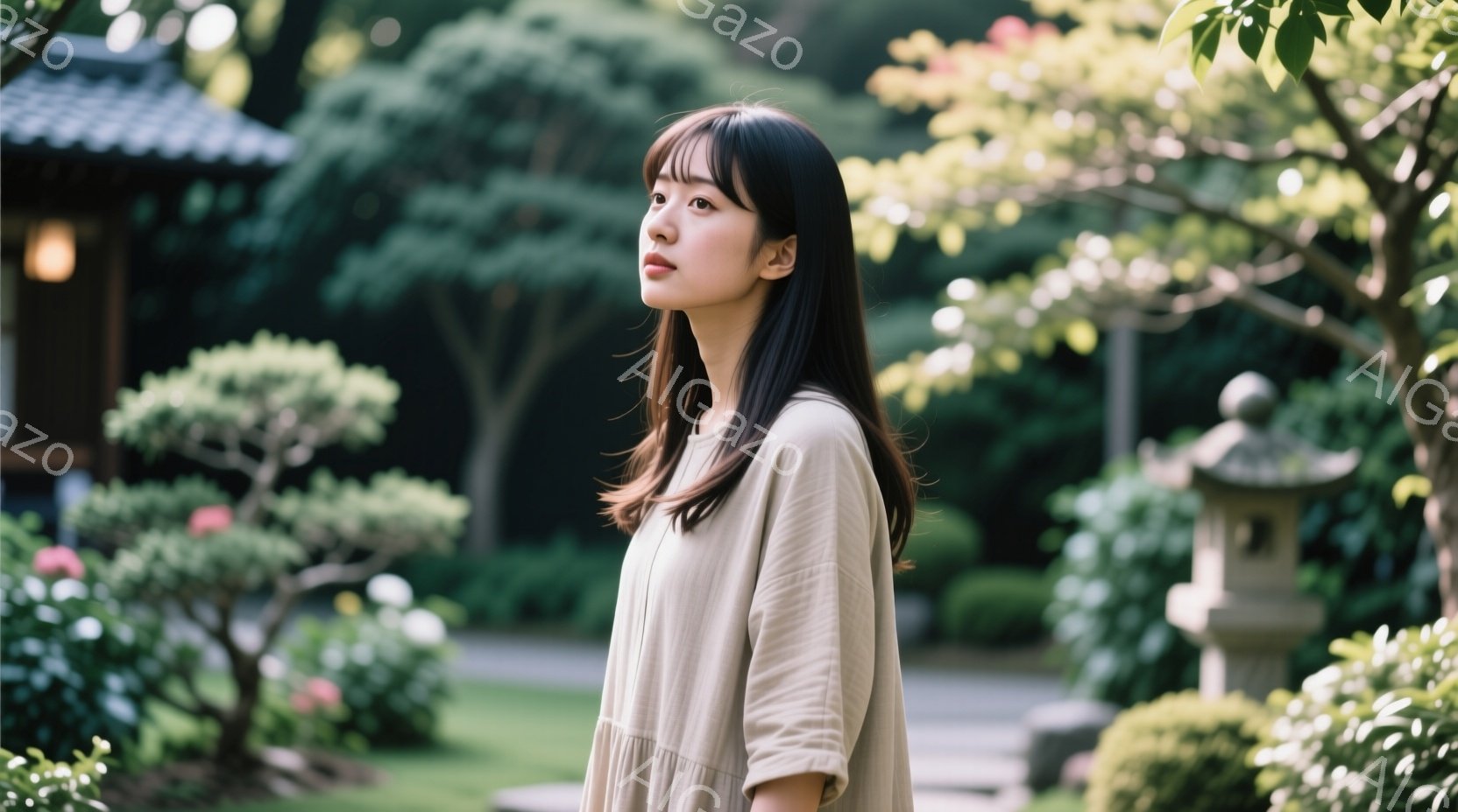 若い女性が、明るい日差しの中で庭園を眺めている。ベージュ色のゆったりとしたワンピースを着ており、前髪を少し長めに残したダークブラウンの髪は肩にかかっている。庭園には緑豊かな植生と石灯籠が見られ、穏やかで静謐な雰囲気が漂っている。