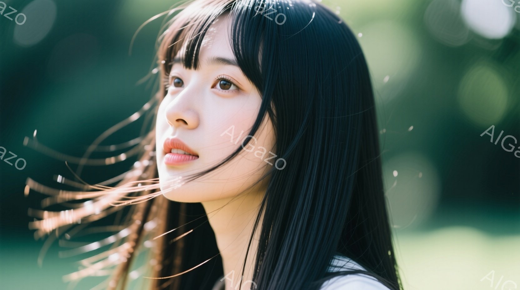 黒髪の女性が、横顔でこちらを見ている。彼女は白いトップスを着ており、髪が風になびいている様子が捉えられている。背景は緑豊かな自然で、柔らかい光が差し込み、穏やかで優しい雰囲気を醸し出している。