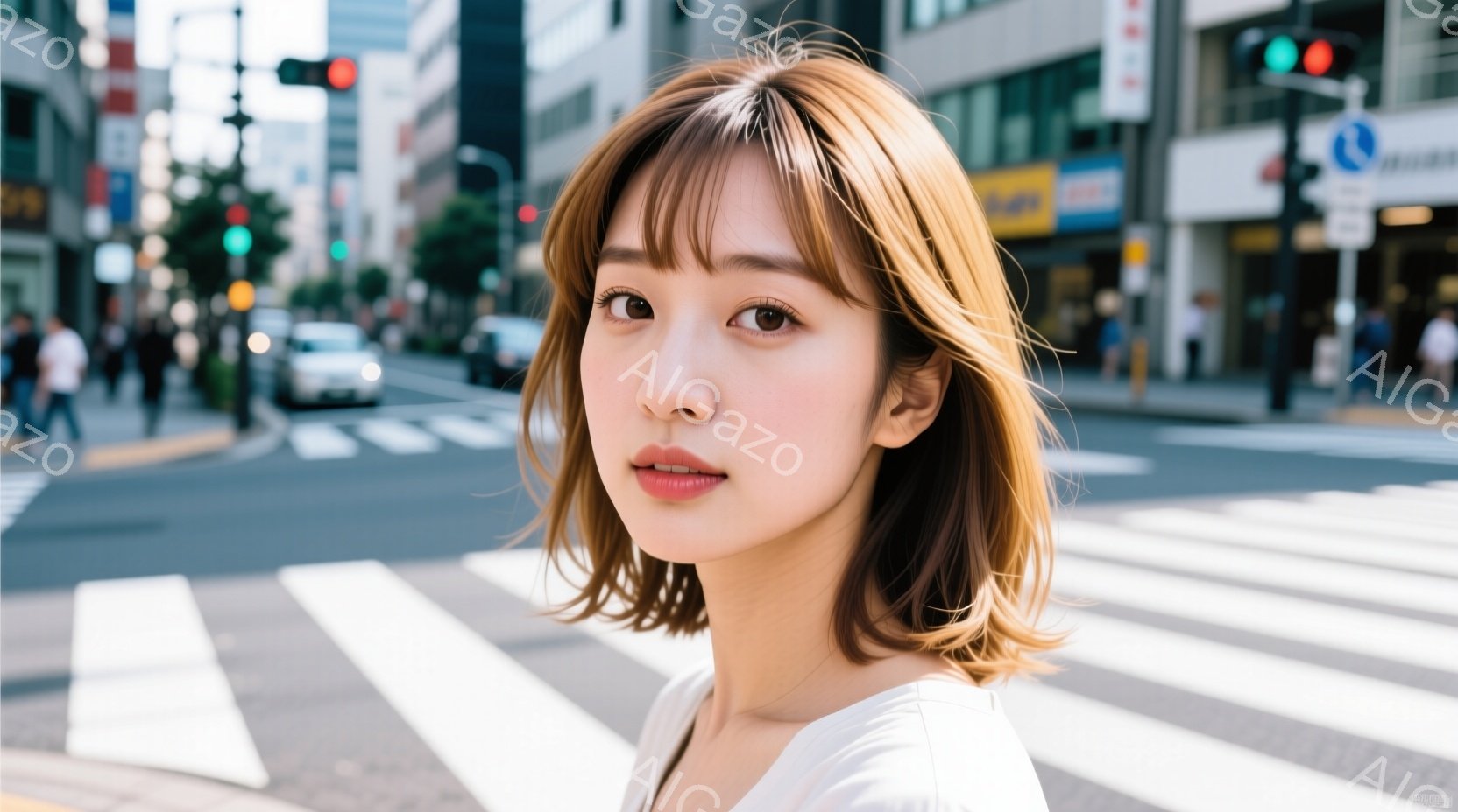 若い女性が正面を向いて写っており、明るい茶色の肩までの長さのヘアスタイルに、軽めの前髪が特徴的です。白いトップスを着ており、顔色は明るく、穏やかな表情を浮かべています。背景には横断歩道と高層ビルが見え、晴天の下、都会の街並みが広がっています。