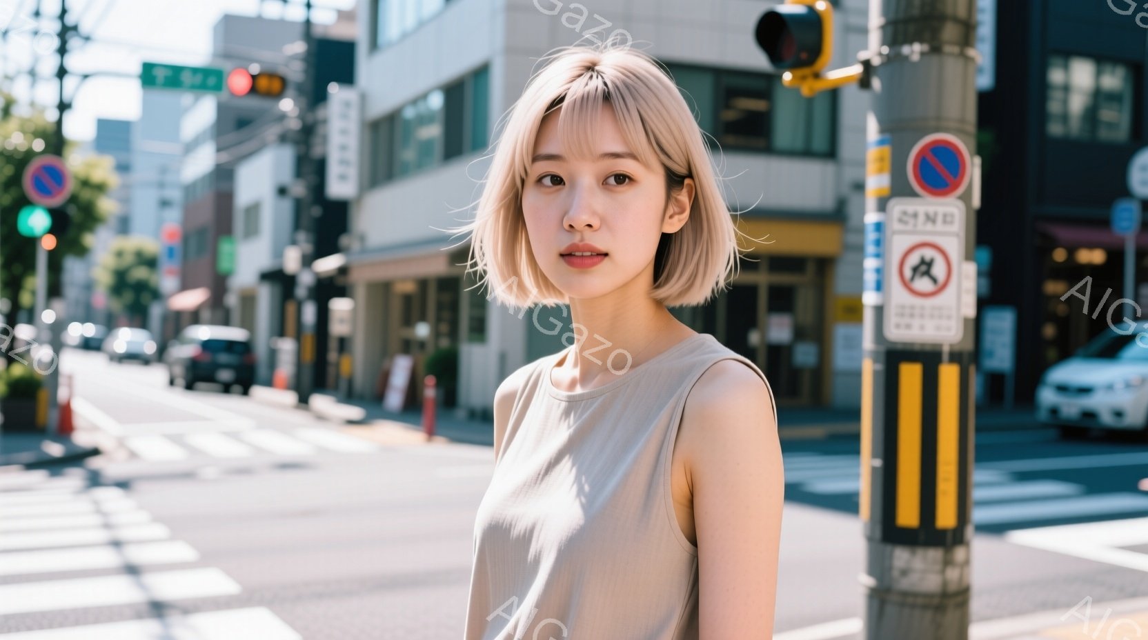 明るい茶髪のショートヘアの女性が、ベージュ色のノースリーブのトップスを着て、横を向いてこちらを見ている。背景には横断歩道と電柱、そして商店やビルが並び、晴れた日の都市の風景が広がっている。全体的に穏やかで、自然な雰囲気が漂っている。