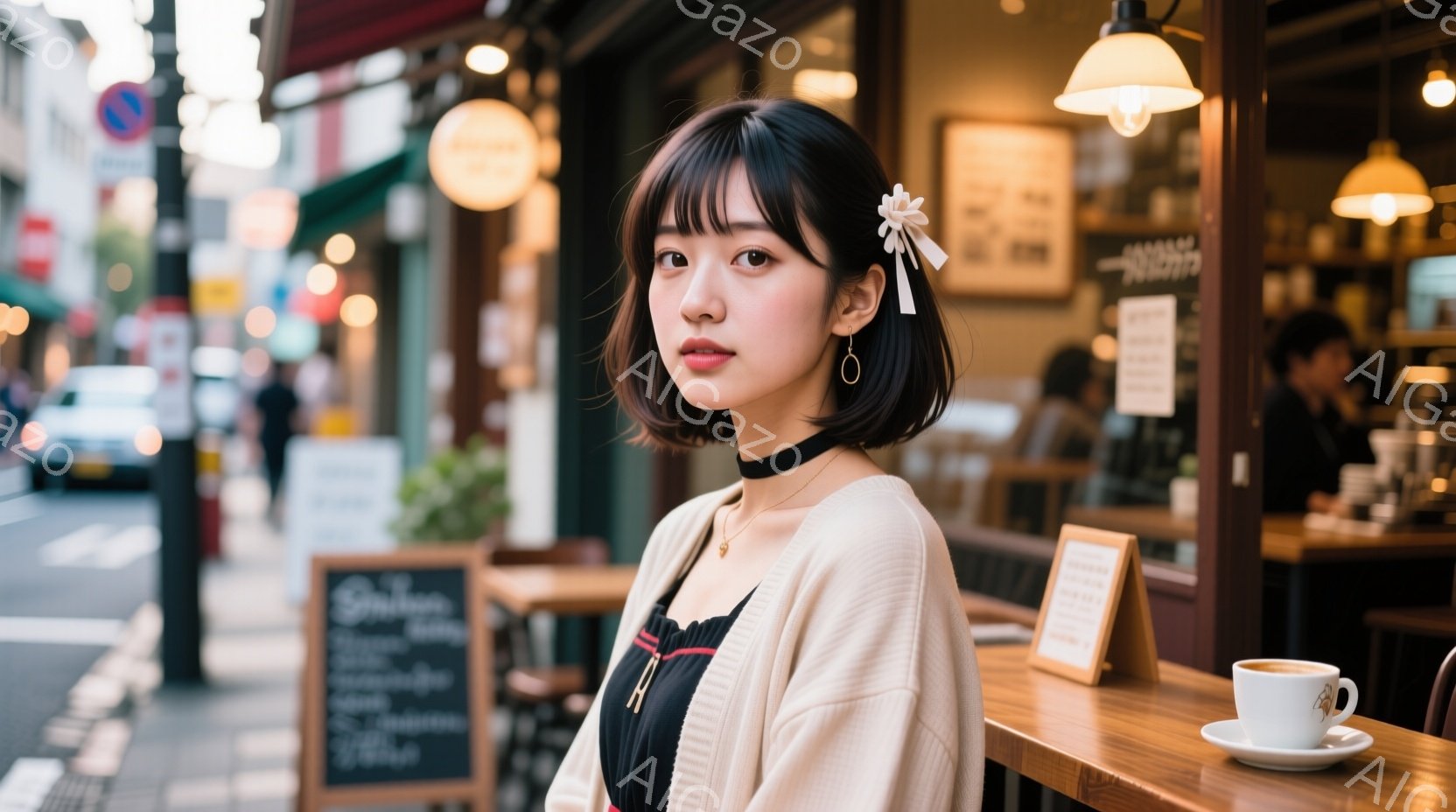 画像には、短髪で前髪のある若い女性が写っています。彼女はベージュ色のカーディガンを着ており、黒いチョーカーとイヤリングをつけています。背景にはカフェの内部と通りが見え、温かみのある光が彼女を照らしています。