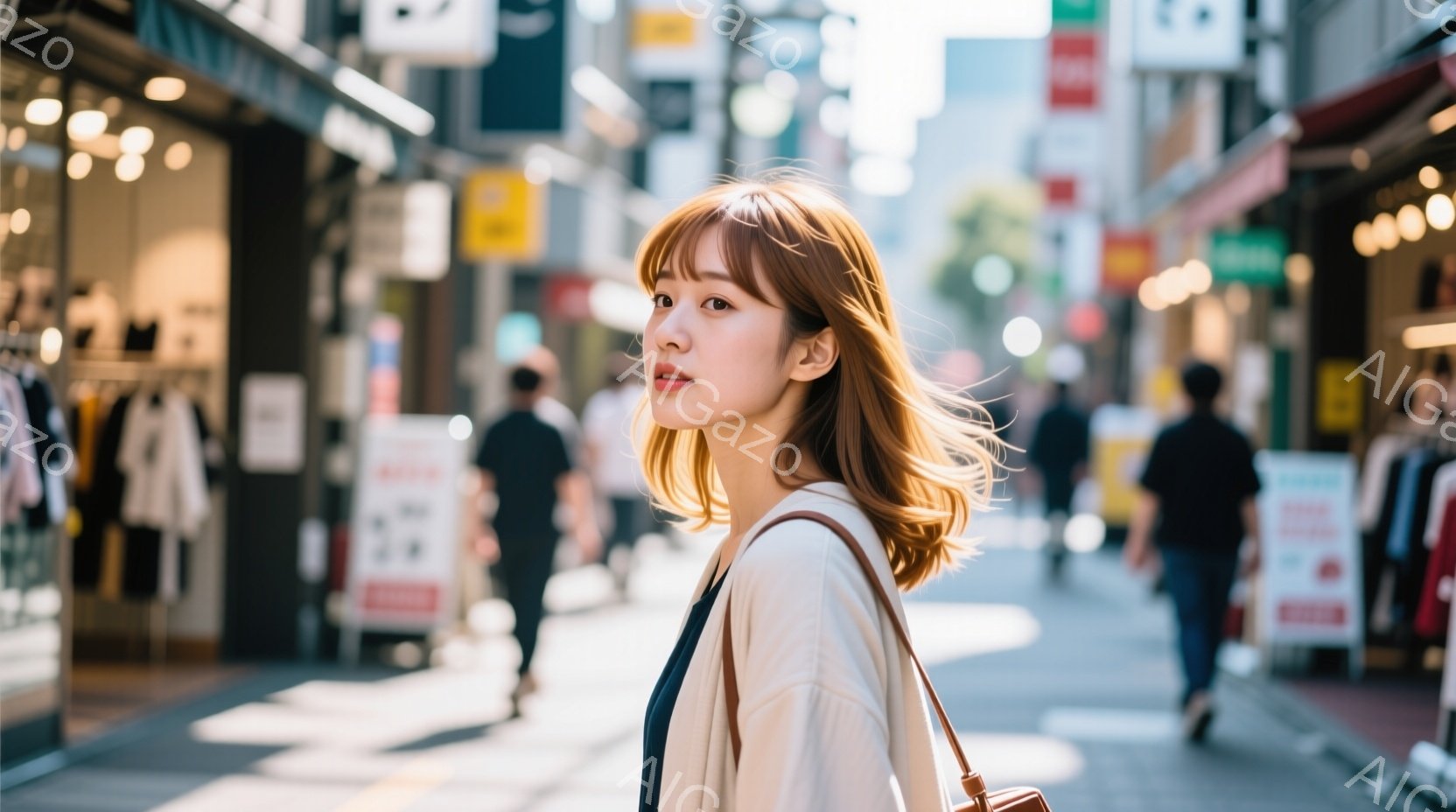 明るい茶色の髪を肩まで伸ばした若い女性が、白いジャケットを着て、街を歩いています。彼女は少し横を向き、柔らかな笑顔を浮かべており、肩にかけられたバッグがアクセントになっています。背景には、商店や人々が見え、晴れた日の賑やかな街並みが広がっています。