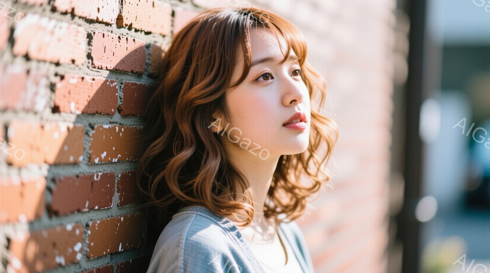 明るい赤レンガの壁にもたれかかった女性が写っています。彼女は肩までの茶色の巻き毛で、薄いグレーのトップスを着ています。少し上目線で遠くを見つめており、穏やかで物憂げな雰囲気を醸し出しています。