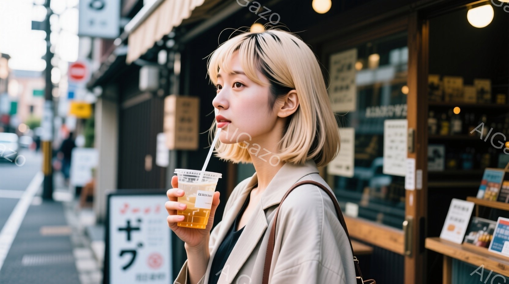 明るい茶髪のショートヘアの女性が、ストローで飲み物を飲んでいます。ベージュ色のジャケットを羽織り、少し横を向いた表情はどこか物憂げです。背景には商店街の建物が見え、日差しが暖かく、穏やかな日常の雰囲気 - AI生成フリー素材