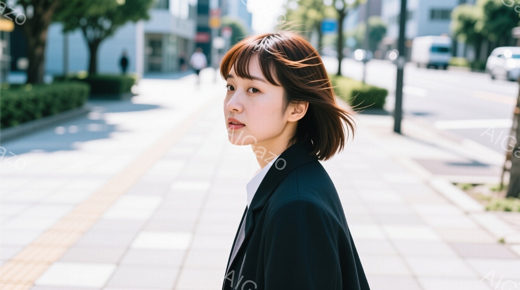 ショートヘアの女性が、白いシャツに黒いジャケットを着て、歩道を歩いている。彼女は少し横を向き、穏やかな表情で、どこか遠くを見つめているように見える。背景には建物や緑があり、晴れた日の穏やかな雰囲気を感じさせる。