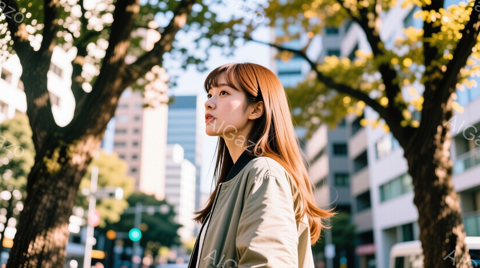 明るい茶髪の女性が、ベージュ色のジャケットを着て、少し上を見ている。彼女は街路樹の緑と高層ビルが背景にぼやける中、横向きの姿勢で静かに立っている。全体的に、暖かく穏やかな雰囲気で、少しノスタルジックな印象を与える。