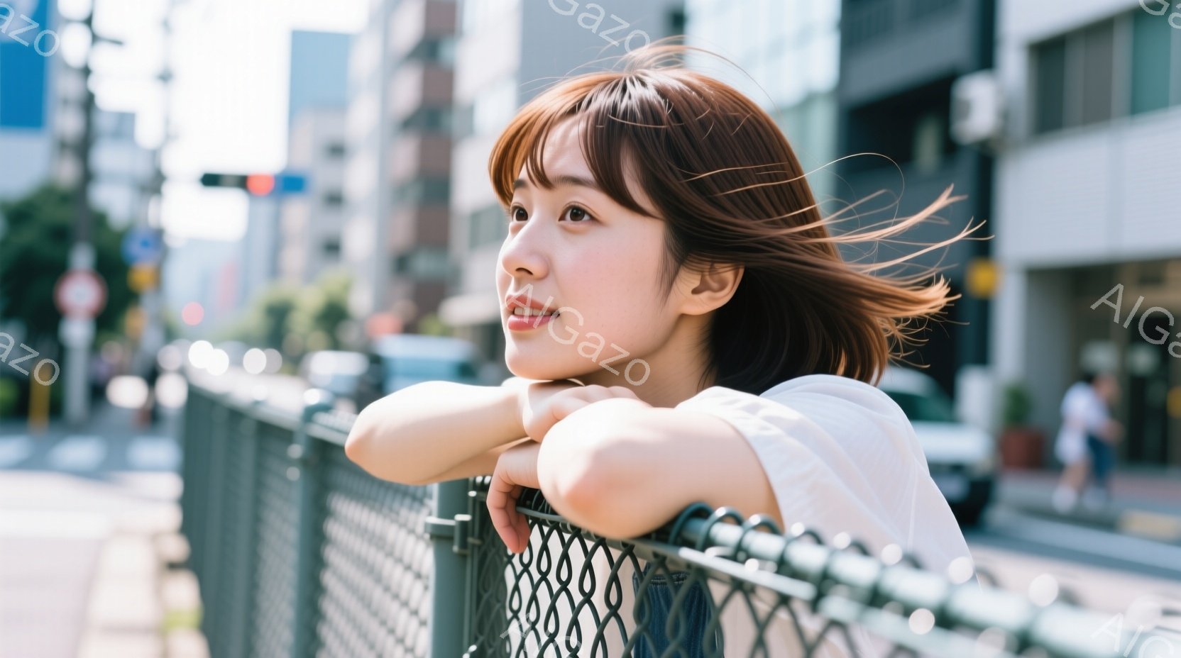 茶髪の短いヘアスタイルをした若い女性が、金属製の柵にもたれて遠くを見つめています。白いシャツを着ており、穏やかな表情で、少し風が吹いているようです。背景には、建物や道路が見え、晴れた日の都会の風景が広がっています。