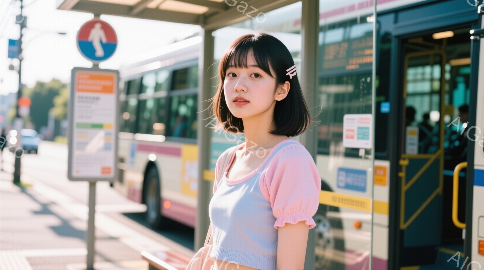 若い女性がバス停に立っています。彼女は短い黒髪にピンクのヘアピンをつけており、淡いピンク色のトップスと水色の短いスカートを着ています。背景にはバスと道路、そして少し緑が見え、晴れた日の穏やかな雰囲気を感じさせます。