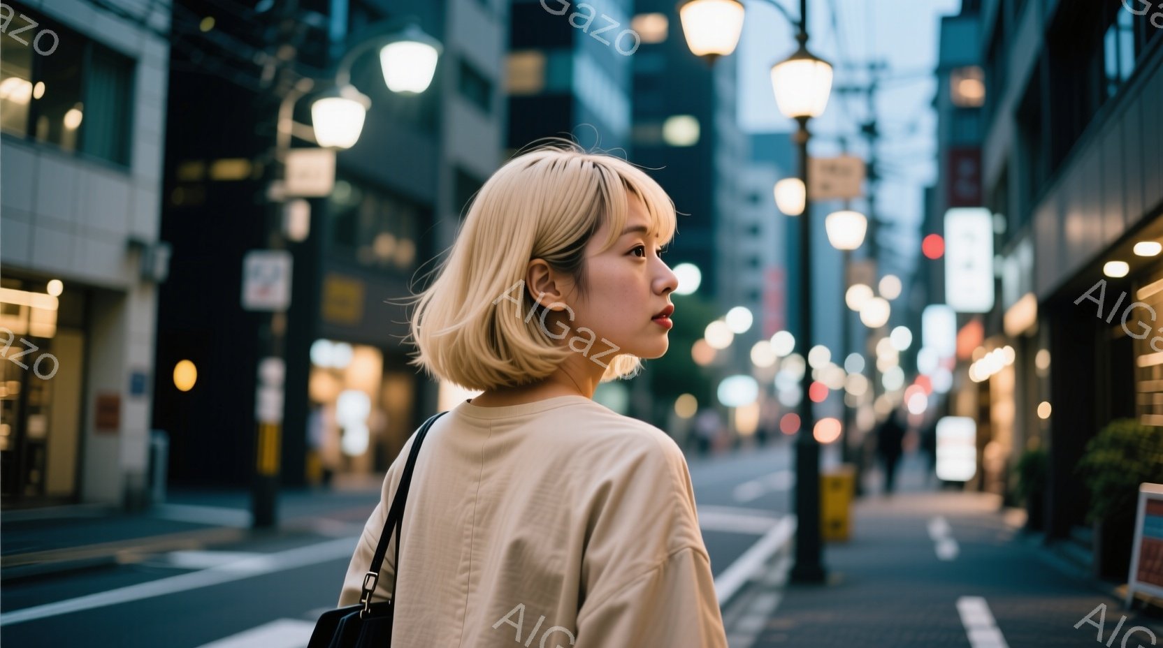 金髪のショートヘアの女性が、ベージュ色のシャツを着て、肩にかけてバッグをかけています。彼女は横向きで、少し憂いを帯びた表情で、夜の街を見つめています。背景には、ぼやけた街灯とビルが並び、都会の夜の静けさと少しの寂しさを感じさせます。