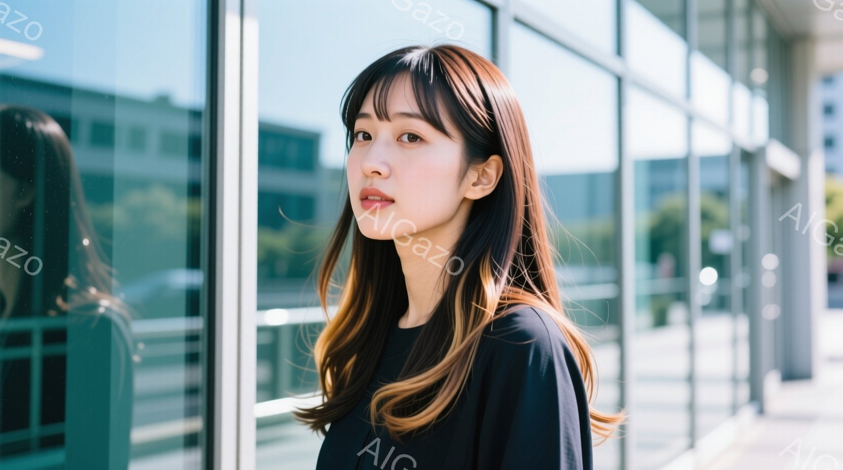 長い茶色のヘアスタイルで、前髪がぱっつんとした女性が写っています。黒いトップスを着ており、少し微笑んだような表情で、少し横を向いています。背景には近代的なガラス張りの建物があり、晴れた日の穏やかな雰囲気が漂っています。
