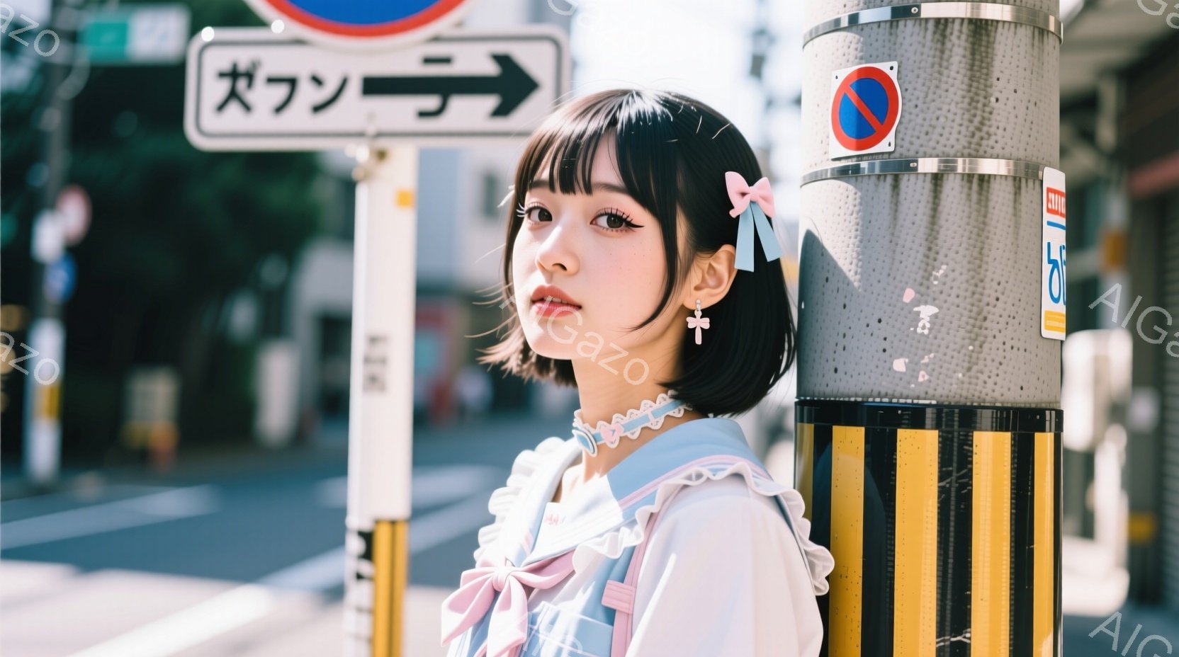 短いボブヘアにリボンをあしらった女性が、淡いピンクと白のフリル付きブラウスを着ています。彼女は少し上目遣いで、どこか憂いを帯びた表情をしています。背景には道路標識や道路があり、晴れた日の都市部で撮影された写真のようです。