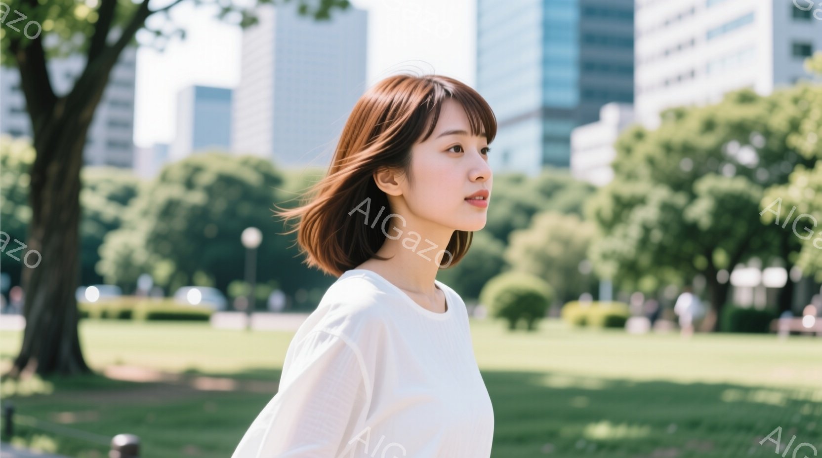 画像は、公園で横を向いて立っている若い女性を捉えています。彼女は白いブラウスを着ており、肩までの長さの茶髪が風になびいています。背景には緑豊かな芝生と木々、そして遠くに見える高層ビルが広がっており、晴れた日の穏やかな雰囲気が漂っています。