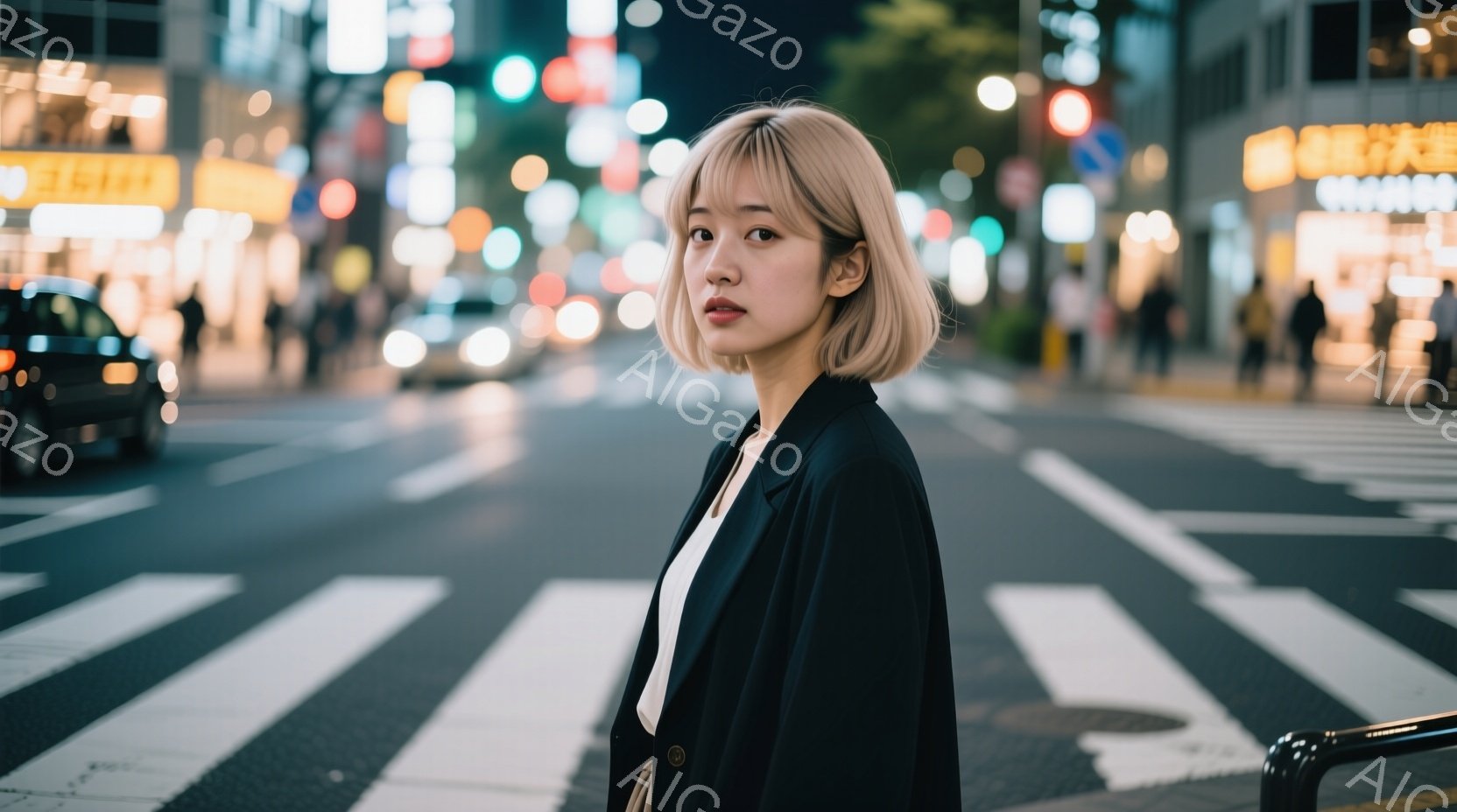 明るい金髪のショートヘアの女性が、白いシャツと黒いジャケットを着て、横向きに立っている。彼女は少し微笑んでおり、どこか憂いを帯びた表情をしている。背景は夜の街並みで、多くの光が点滅し、横断歩道が描かれている。