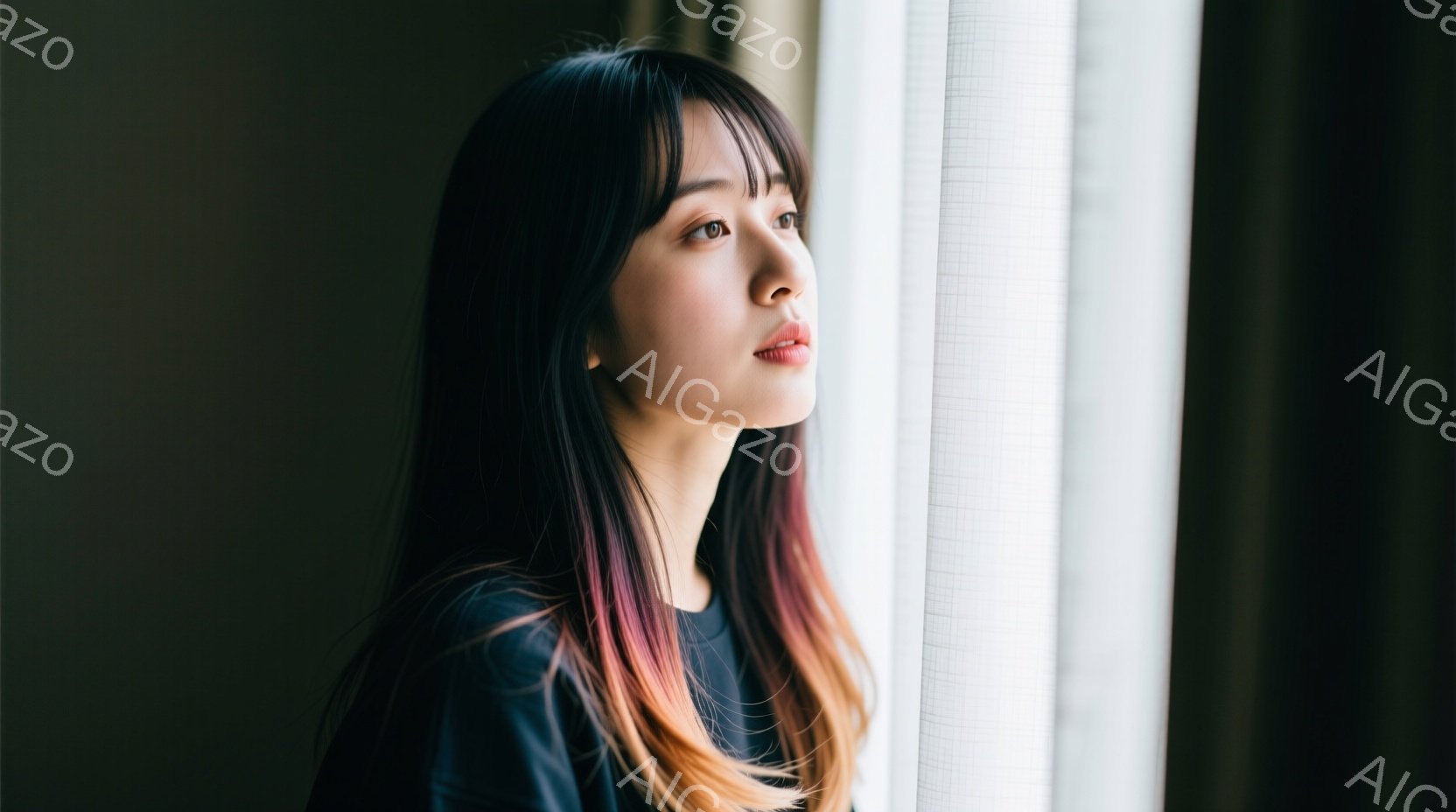 黒いトップスを着た若い女性が窓辺に立っている。彼女はダークトーンのヘアカラーに、毛先が明るいピンクと黄色にグラデーションがかかったロングヘアで、少し物憂げな表情をしている。背景は白くぼやけた窓枠で、全体的に静かで内省的な雰囲気を醸し出している。