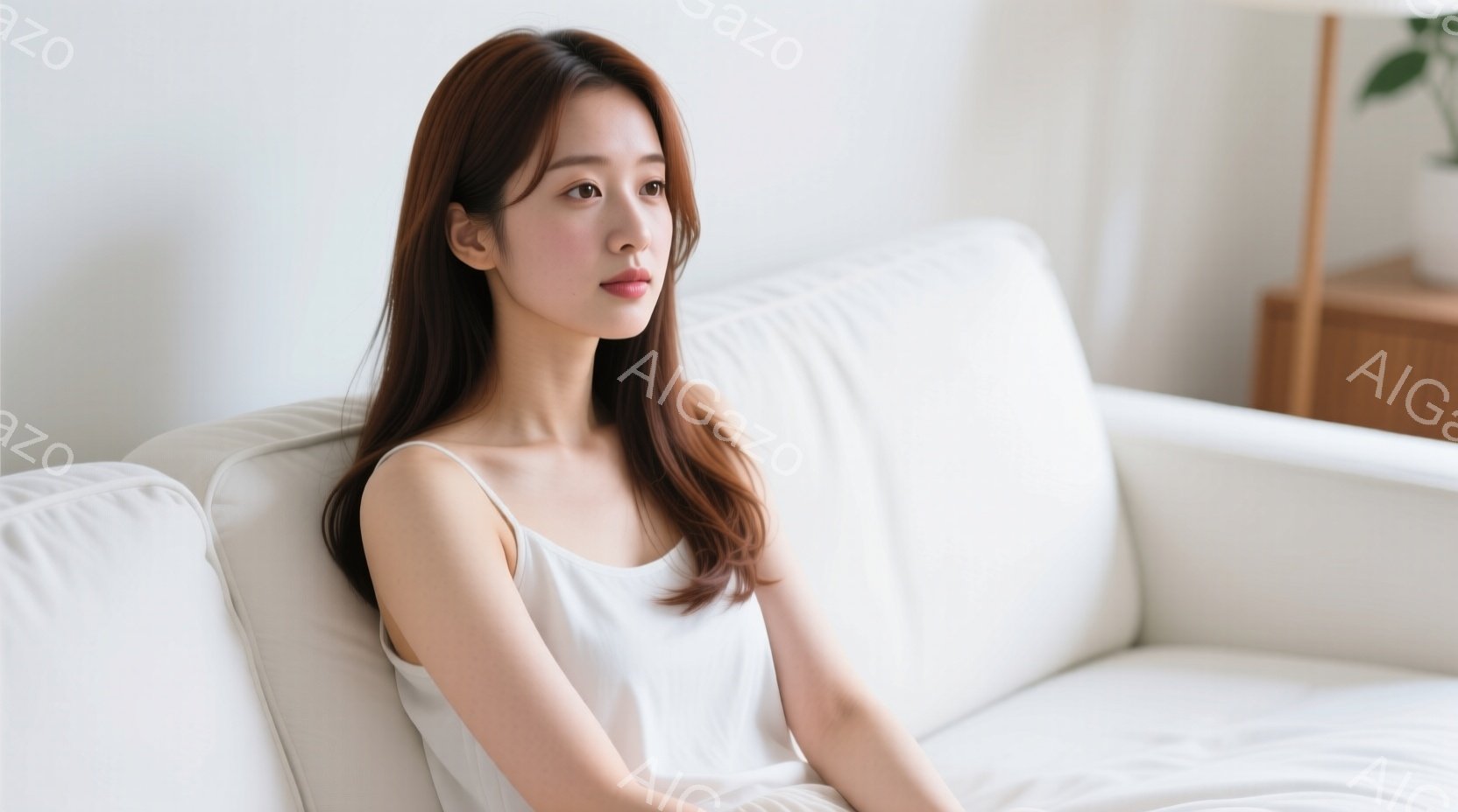 明るい色のソファに座る若い女性が写っています。彼女は白いキャミソールを着ており、長くストレートな茶色の髪は肩にかかっています。穏やかな表情で横を向き、リラックスした雰囲気の室内で優雅なポーズをとっています。