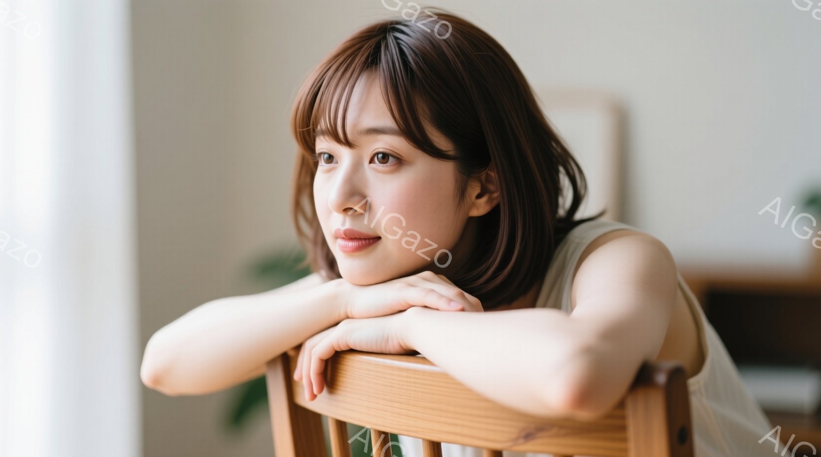 明るい髪の女性が、木製の椅子の背もたれに肘をついて、どこかを見つめています。彼女は白いシンプルなトップスを着ており、表情は穏やかで少し物思いにふけっているようです。背景は明るい室内で、ぼやけた植物が見え、全体的に温かく、リラックスした雰囲気です。