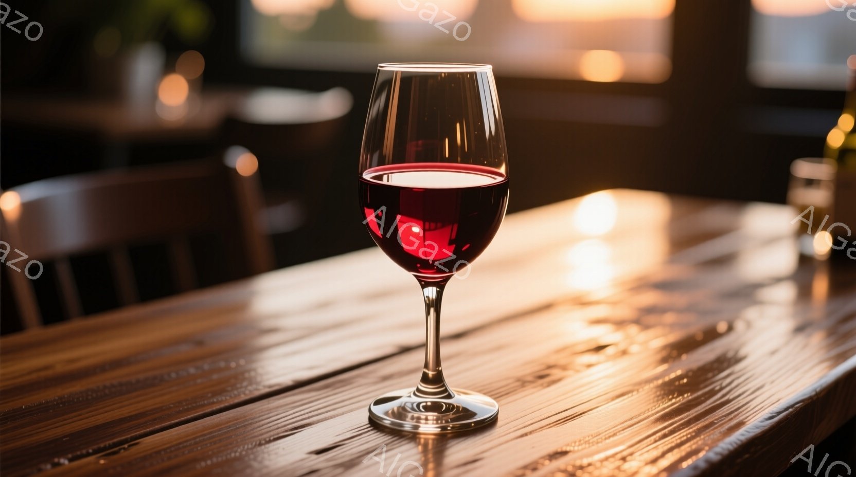 赤ワインがグラスに満たされ、木製のテーブルに置かれている。背景にはぼやけたレストランの様子が見え、夕暮れ時の柔らかな光が差し込んでいる。全体的に落ち着いた雰囲気で、優雅なひとときを連想させる。