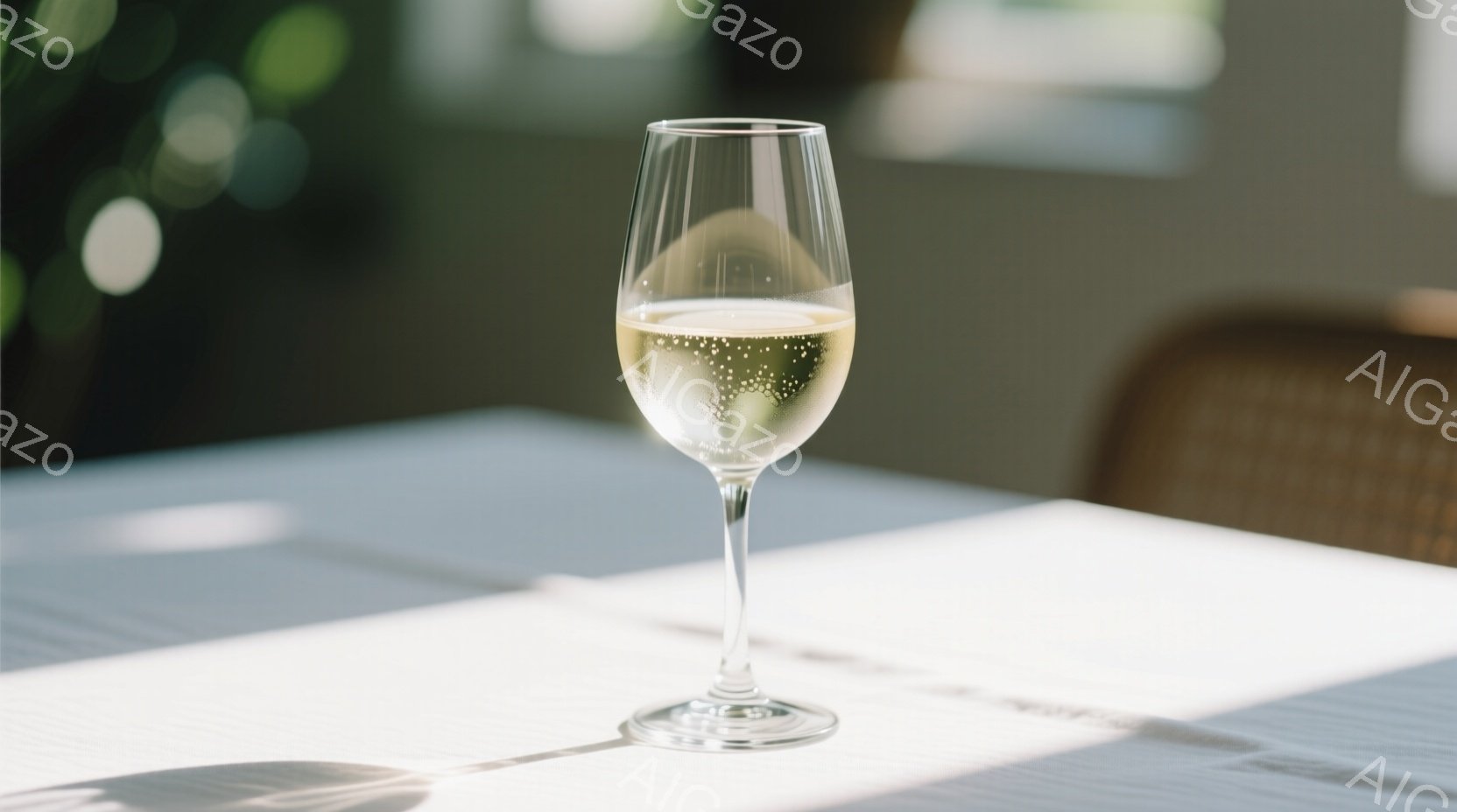 白いテーブルクロスの上に、泡立つワイングラスが置かれています。強い光が差し込み、グラスの影がテーブルに伸びています。背景には、ぼやけた籐製の椅子と緑が見え、明るく、穏やかな雰囲気を醸し出しています。 - AI生成フリー素材