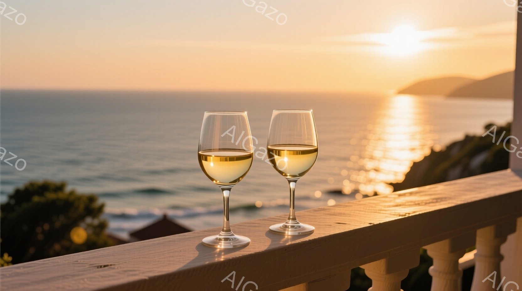 バルコニーの手すりにワイングラスが2つ置かれ、夕焼けの海を背景にしています。海は穏やかで、夕日の光が海面を金色に染め、遠くには山々が見えます。温かくロマンチックな雰囲気で、リラックスしたひとときを連想させます。