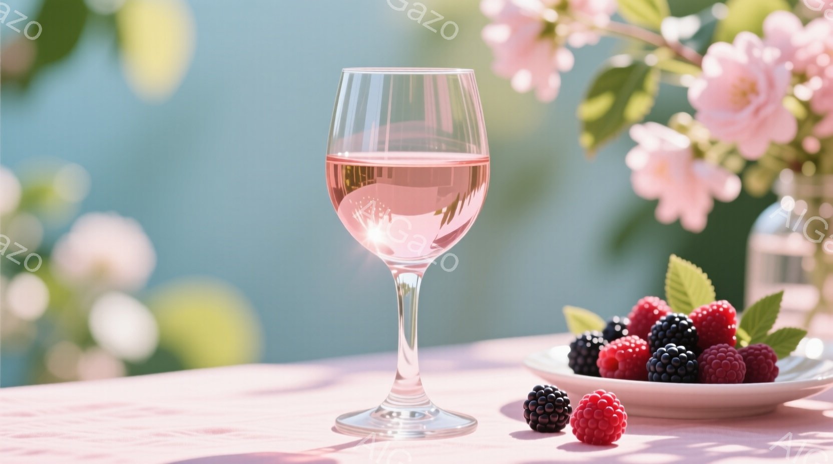 淡いピンク色のワイングラスがテーブルに置かれ、その隣にはラズベリーとブラックベリーが盛られた白い皿があります。背景には、ぼやけたピンク色の花が咲き乱れ、穏やかで暖かい春の日の雰囲気を醸し出しています。全体的に、優雅でリラックスした、心地よい時間が流れているような印象を与えます。