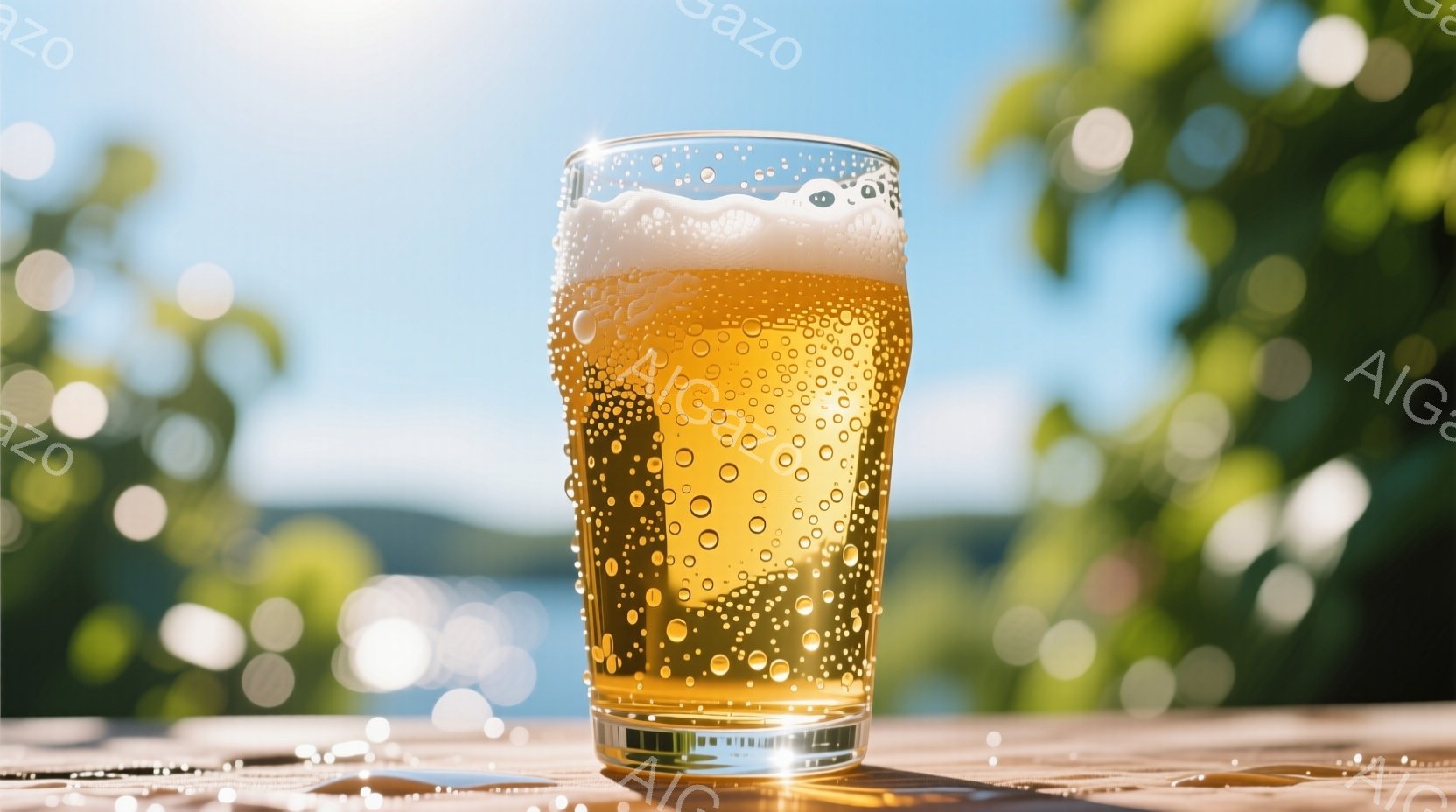 金色のエールビールがグラスに満たされ、きめ細かい泡が立ち上っている。グラスは木製のテーブルに置かれ、背景には緑豊かな木々とぼやけた青空が広がり、晴れた日の穏やかな雰囲気を醸し出している。光がビールとグ - AI生成フリー素材