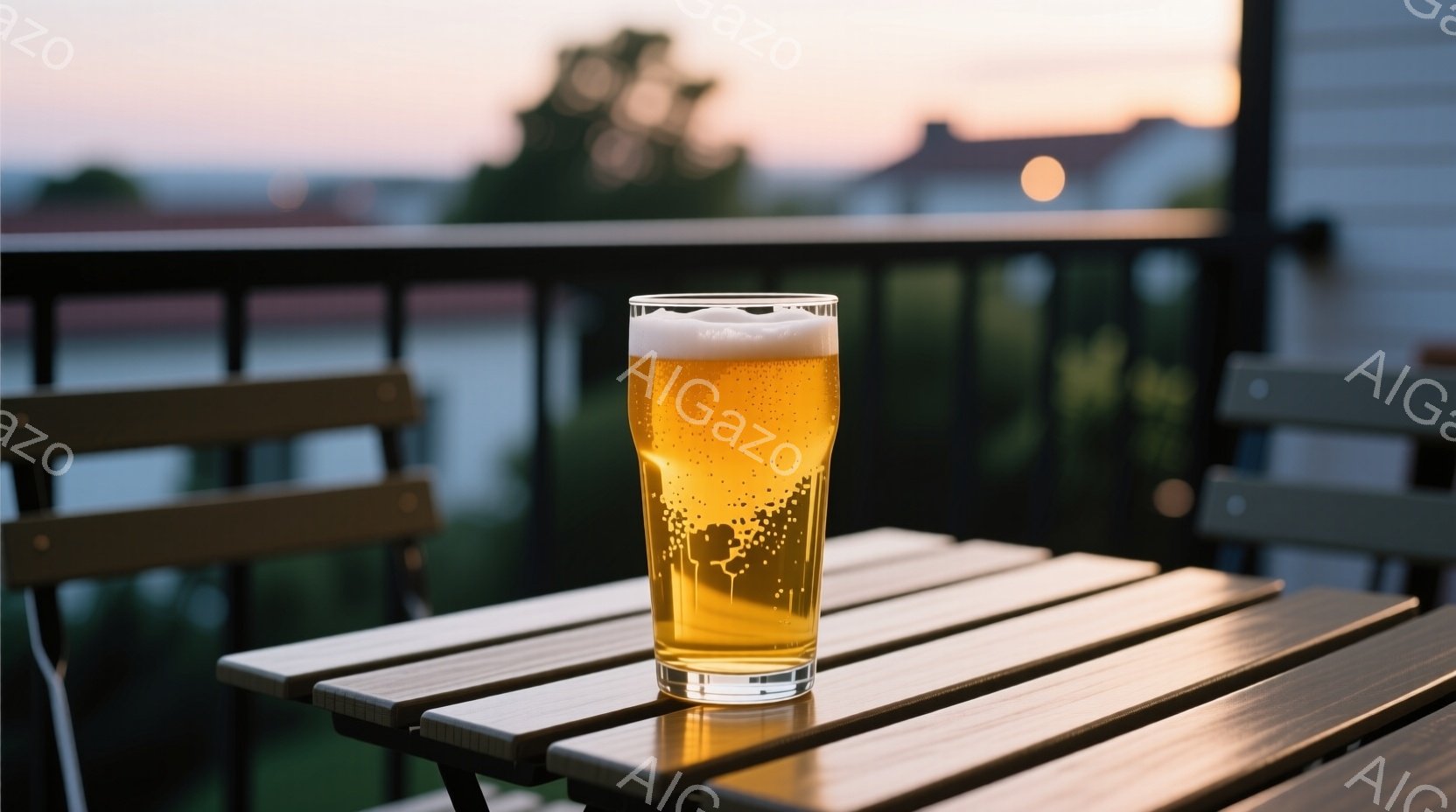 磨かれた木製のテーブルの上に、泡が乗った冷たいビールが一杯置かれています。背景には、遠くに見える街並みと、夕焼けのようなオレンジ色の空が広がっています。穏やかでリラックスした雰囲気が漂い、暖かい季節の夕方を思わせます。