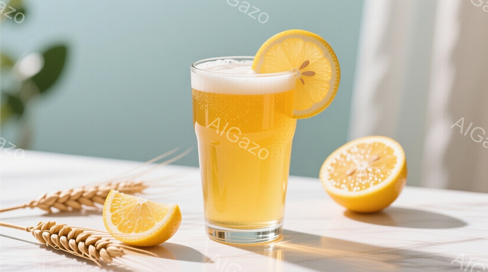 輝くような金色のビールがグラスに満たされ、グラスの縁にはレモンのスライスが飾られています。背景には白い大理石のテーブルと、かすかに見える植物、そしてレモンのスライスと麦の穂が配置され、爽やかな夏の日の雰囲気を醸し出しています。全体的に明るく、清潔感があり、清涼感のあるイメージです。