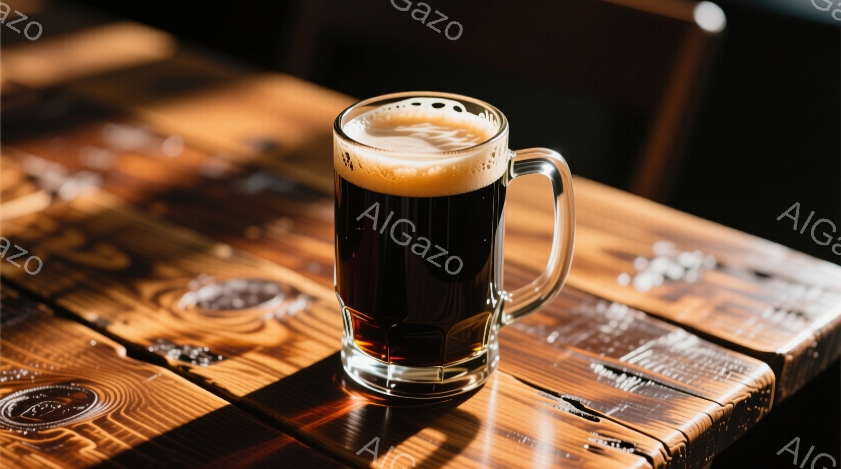 濃い色のビールが、透明なグラスの中で泡立ち、側面から光が当たってグラスの曲線が強調されている。グラスは木製のテーブルの上に置かれており、テーブルの木目ははっきりと見える。全体的に暖色系の色調で、落ち着 - AI生成フリー素材