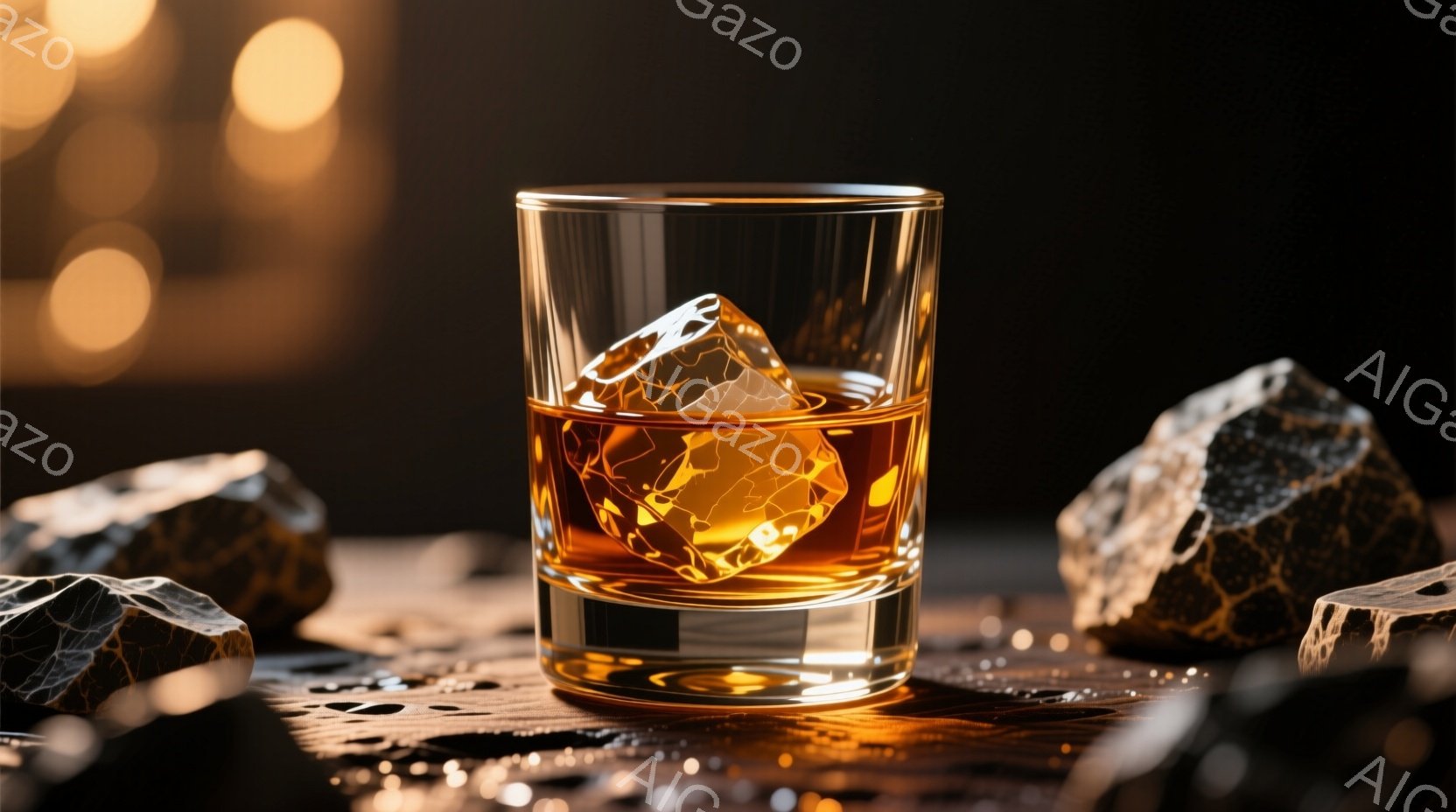 琥珀色のウィスキーが氷の入ったグラスに注がれており、光が差し込み、液体が輝いている。グラスの周りには、ざらざらとした黒い岩が配置され、背景は暗く、ぼやけた光点が点在している。全体的に、暖かく、落ち着いた、大人の雰囲気が漂っている。