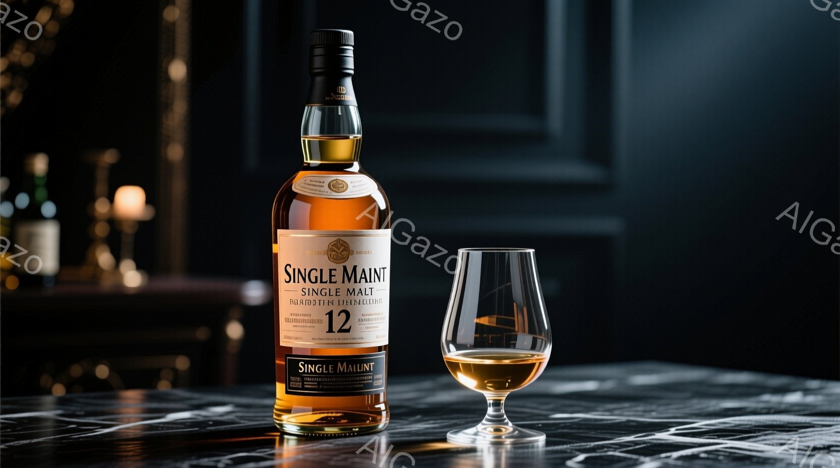 画像には、深みのある琥珀色のウイスキーボトルと、そのウイスキーを少量注いだグラスが写っています。背景は暗く、大理石調のテーブルの上に配置され、ボトルとグラスが際立っています。全体的に落ち着いた雰囲気で、ウイスキーのプレミアム感を強調しています。