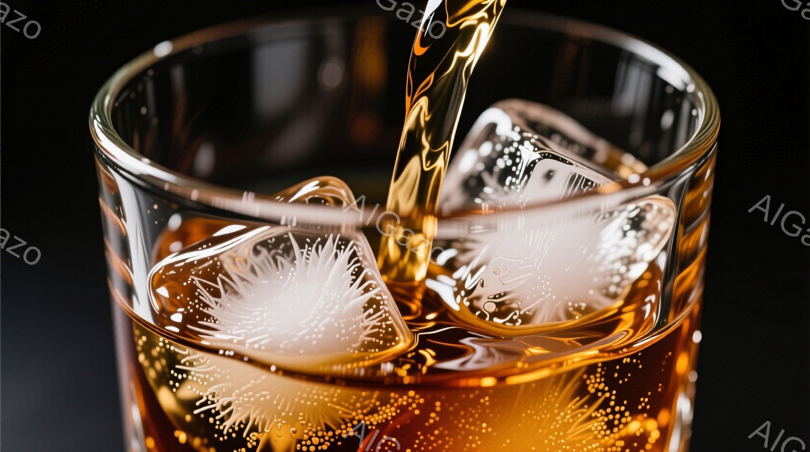 グラスの中に琥珀色の液体が注がれており、氷が溶け始め、気泡が立ち上っている様子が捉えられている。液体はグラスの縁を伝って流れ込み、光を反射してきらめいている。背景は暗く、液体と氷のコントラストが際立ち、爽やかで涼しげな雰囲気を醸し出している。