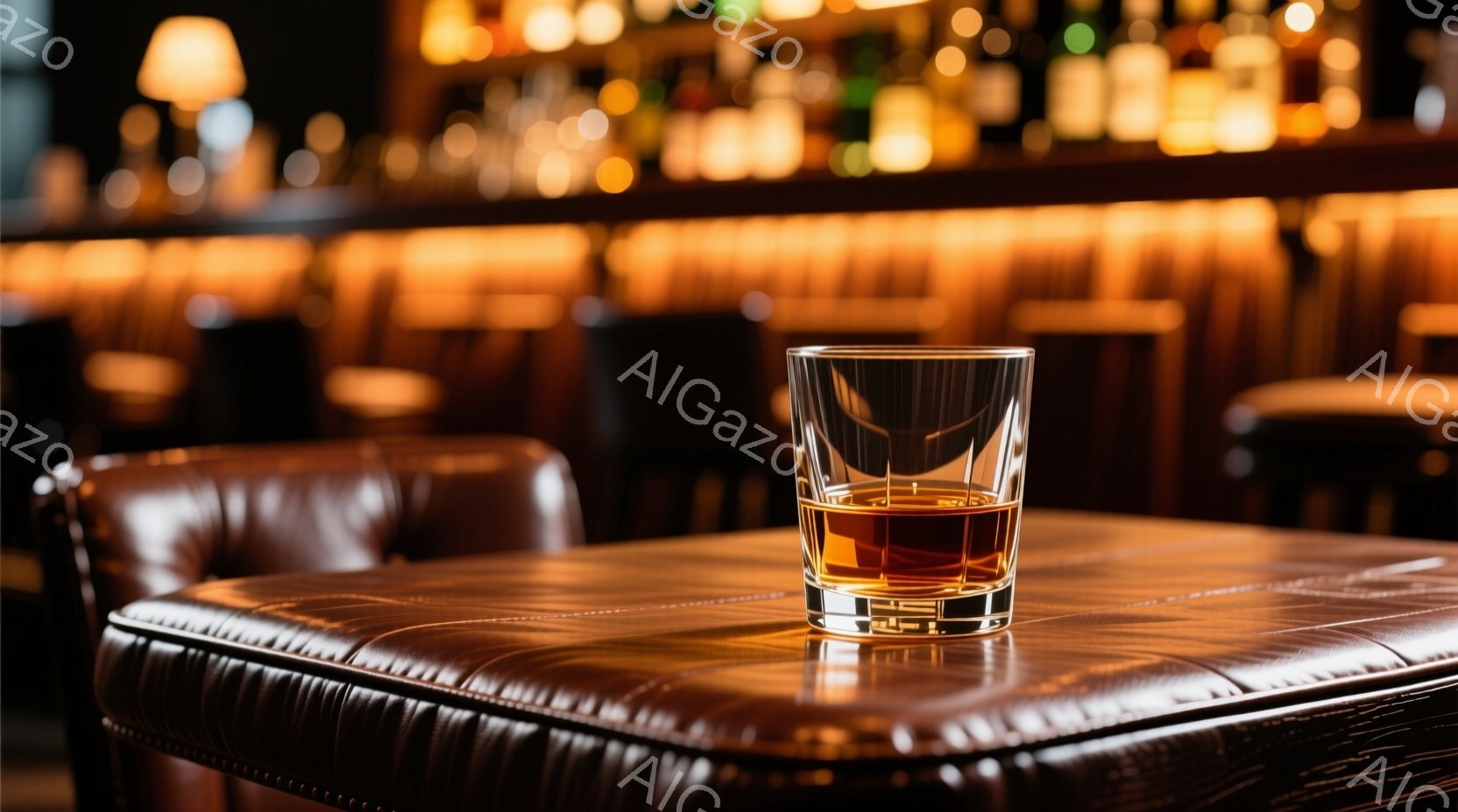 厚手の革張りのテーブルに、琥珀色のウイスキーが注がれたグラスが置かれている。背景にはぼやけたバーカウンターとボトルが並び、落ち着いた照明が暖かく照らしている。 全体的に、洗練された大人の雰囲気で、バーやラウンジのシーンを想起させる。