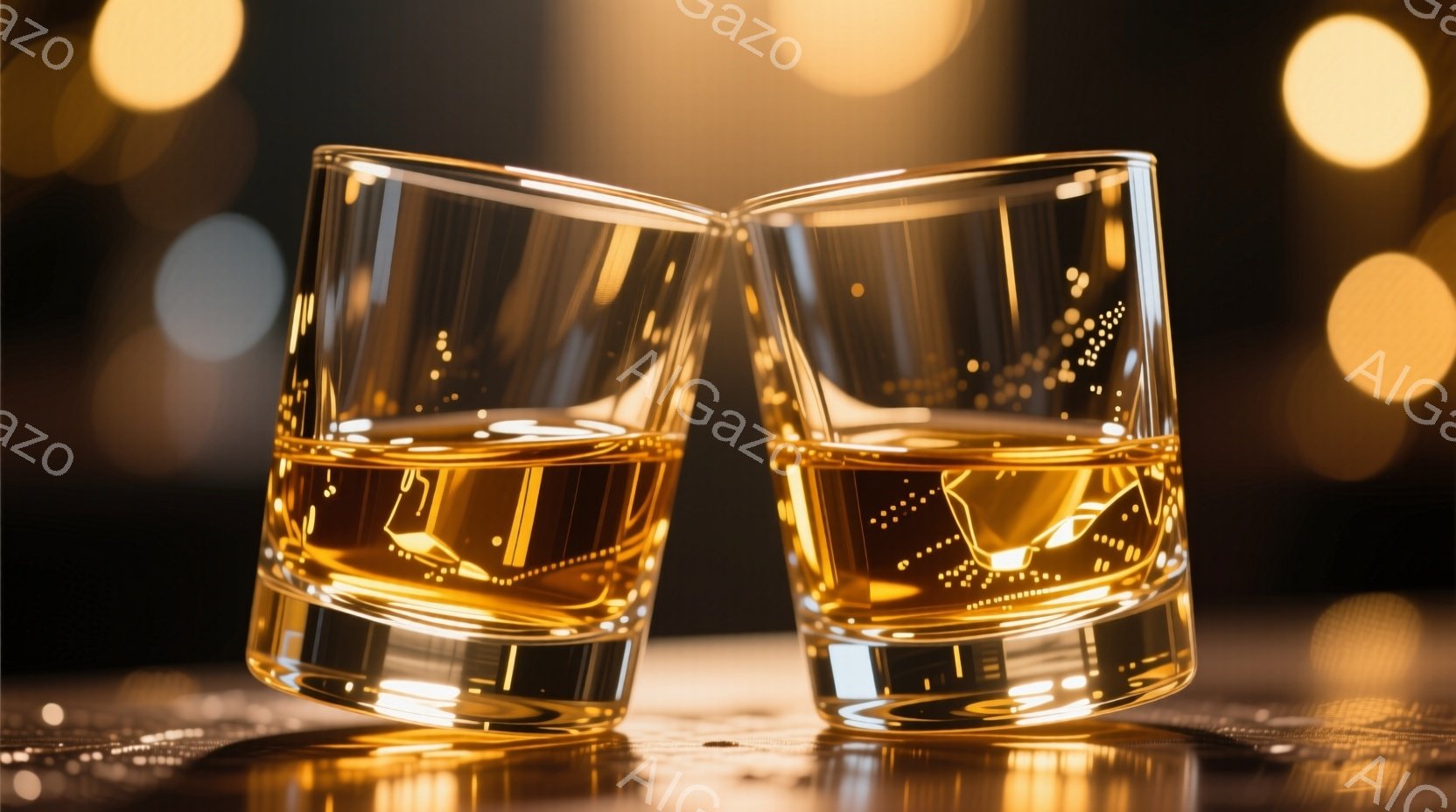琥珀色のウイスキーまたはブランデーが半分ほど入った2つのクリスタルグラスが、互いに少し傾き合って写っている。グラスの底面は光を反射してキラキラと輝き、背景は暗闇の中にぼんやりとした金色の光のぼかしが浮かび上がっている。全体として暖かく、洗練された、特別な夜を連想させる雰囲気である。