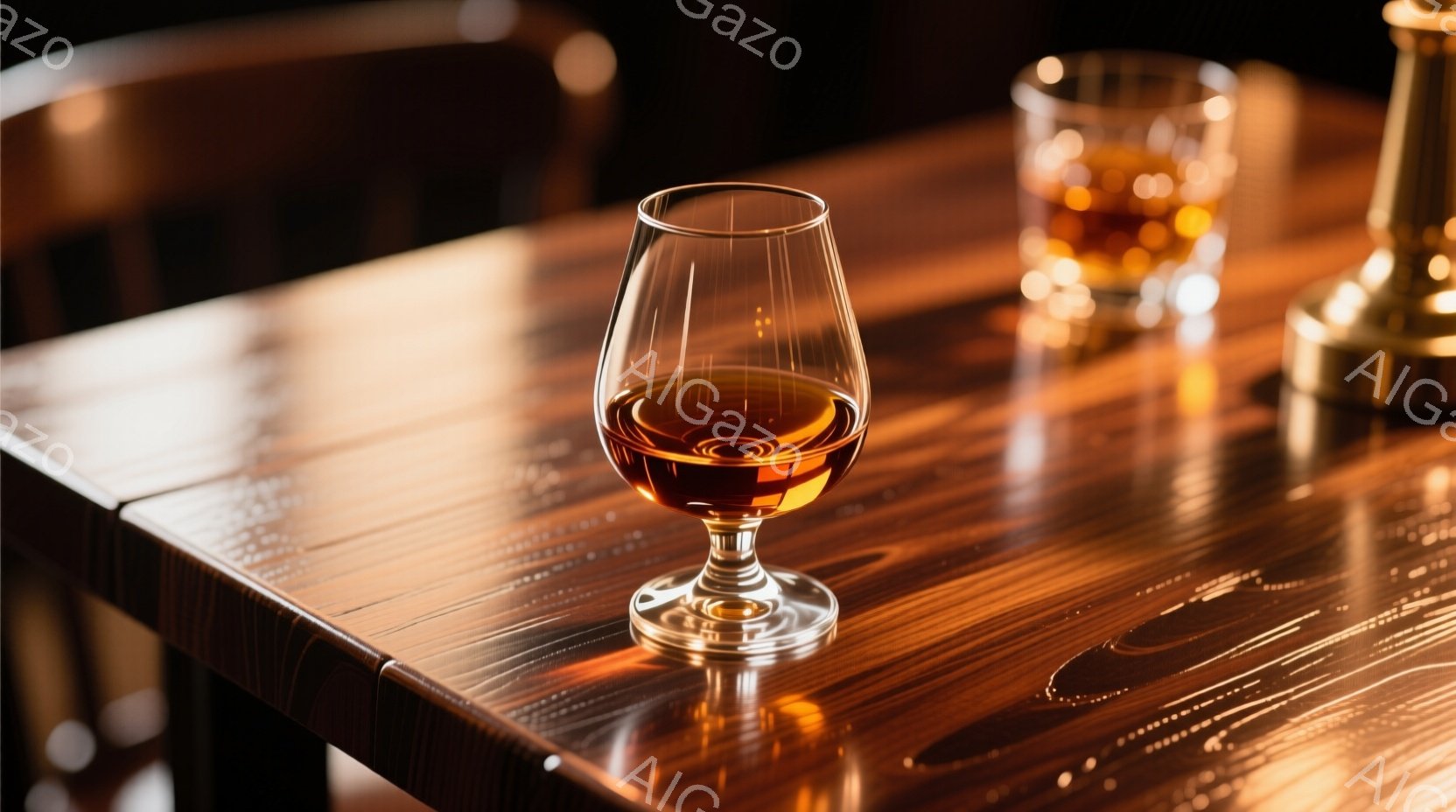 濃い木目のテーブルの上に、琥珀色の洋酒グラスが置かれている。グラスは洗練された形状で、中身の液体が光を反射して輝いている。奥には別のグラスと金属製のオブジェクトが見え、落ち着いたバーやラウンジのような雰囲気を感じさせる。
