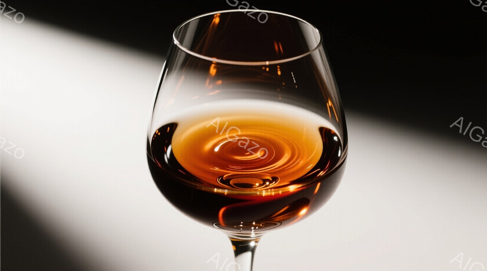 鮮やかな琥珀色の液体が渦を巻いてワイングラスの中にあり、液体表面の光の反射が印象的です。グラスは細長い脚を持ち、光沢のある表面が液体と対照的です。背景はぼやけたグレーで、液体とグラスを際立たせています。