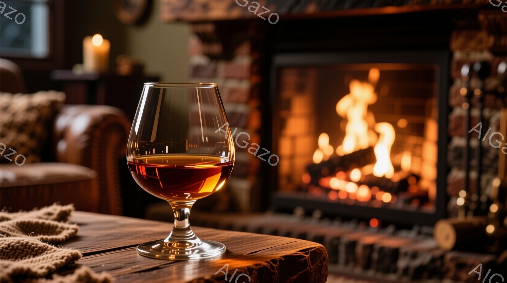 暖炉の炎が暖かく照らすリビングルームで、琥珀色の洋酒が美しいグラスに注がれています。粗い木のテーブルの上に置かれたグラスの近くには、織られたバスケットのようなものが置かれ、温かみのある雰囲気を醸し出しています。暖炉の炎は力強く、背景の暗い色調と対照的で、リラックスした、居心地の良い空間を演出しています。