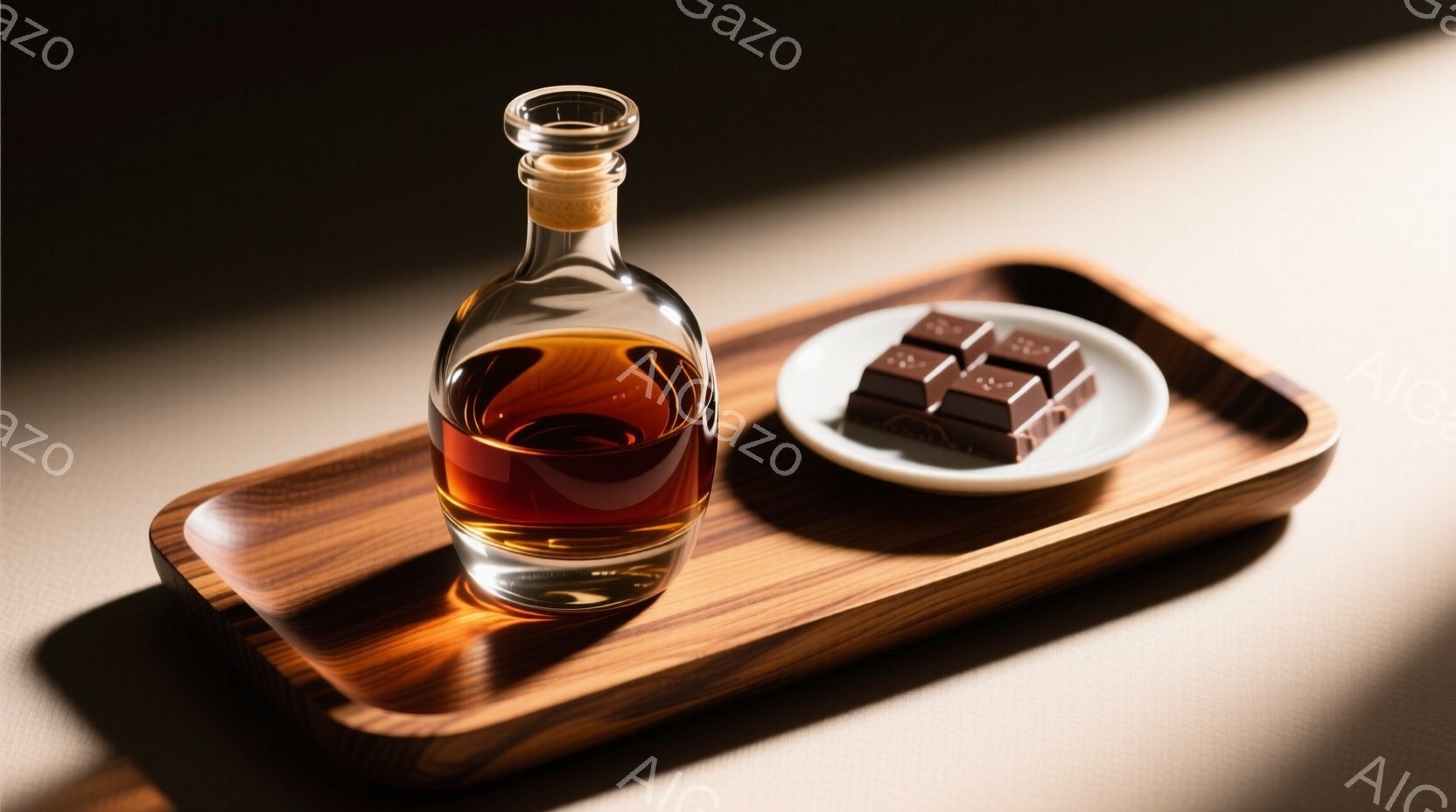 琥珀色の液体が入ったガラス製のボトルと、白い皿に並べられたチョコレートが、木製のトレーの上に乗っている様子が写っている。ボトルはコルク栓で密閉されており、液体は光を透かして暖かく輝いている。背景は落ち着いたベージュ色で、光の当たり方から、どこか落ち着いた空間でゆっくりと味わうための演出が施されているように見える。