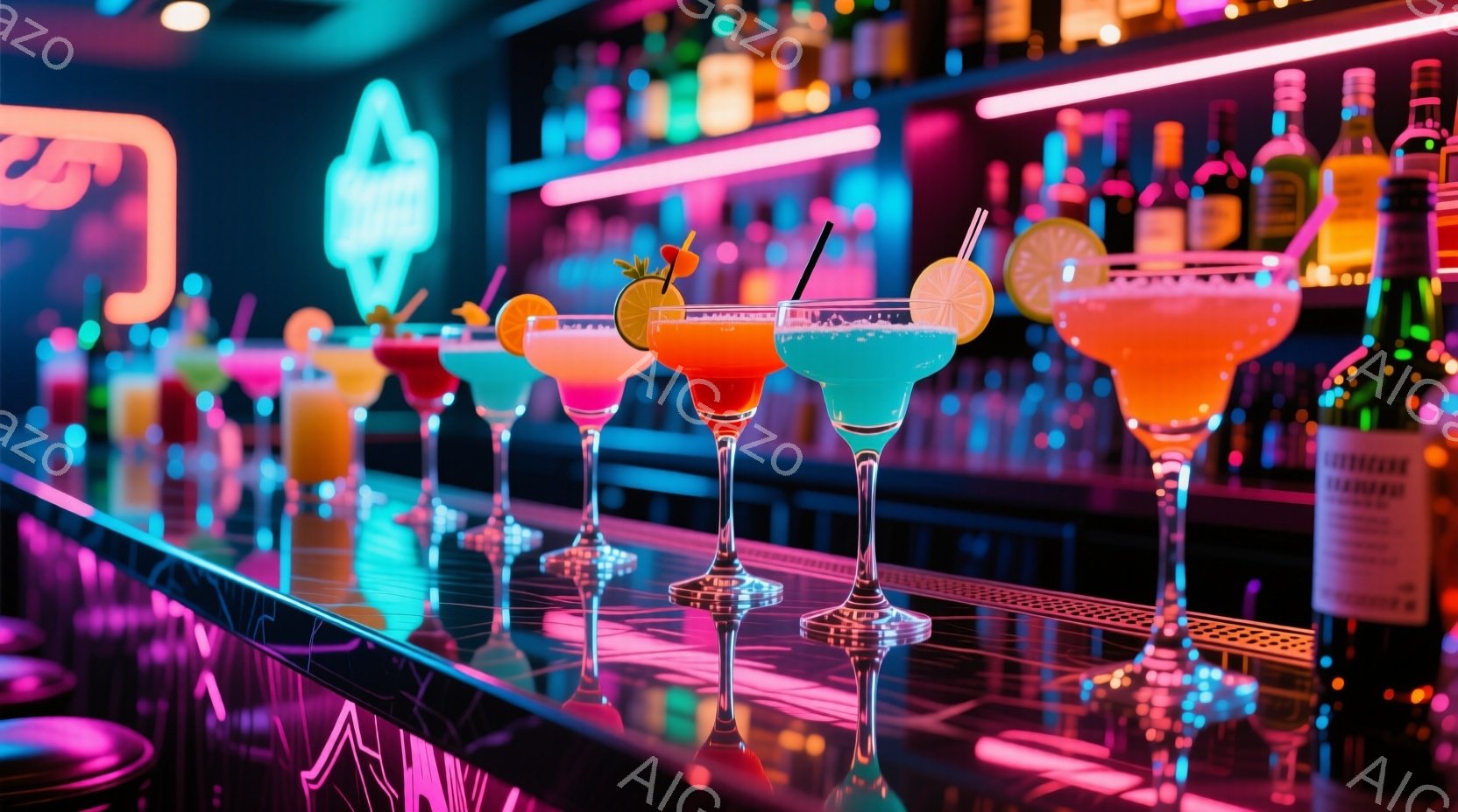 バーカウンターにカラフルなカクテルが整然と並べられています。背景には様々なボトルが並び、ネオンライトが煌びやかに輝き、華やかな雰囲気を作り出しています。鮮やかな色彩と光の反射が、まるで夢のような空間を演出しています。