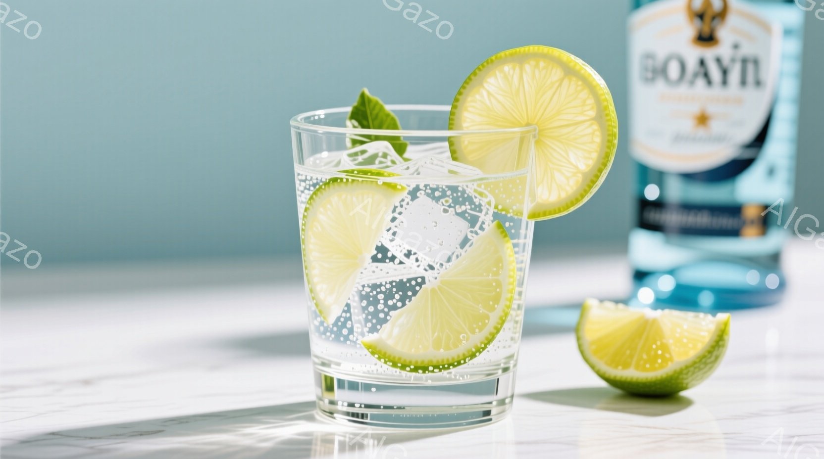 画像には、氷とライムのスライスが入ったグラスと、ライムの半分が置かれた大理石のカウンターが写っています。背景には、水色のラベルのボトルの側面が見え、爽やかで清潔な印象を与えます。全体的に、夏の日の清涼飲料を連想させる、明るくリフレッシュできる雰囲気です。