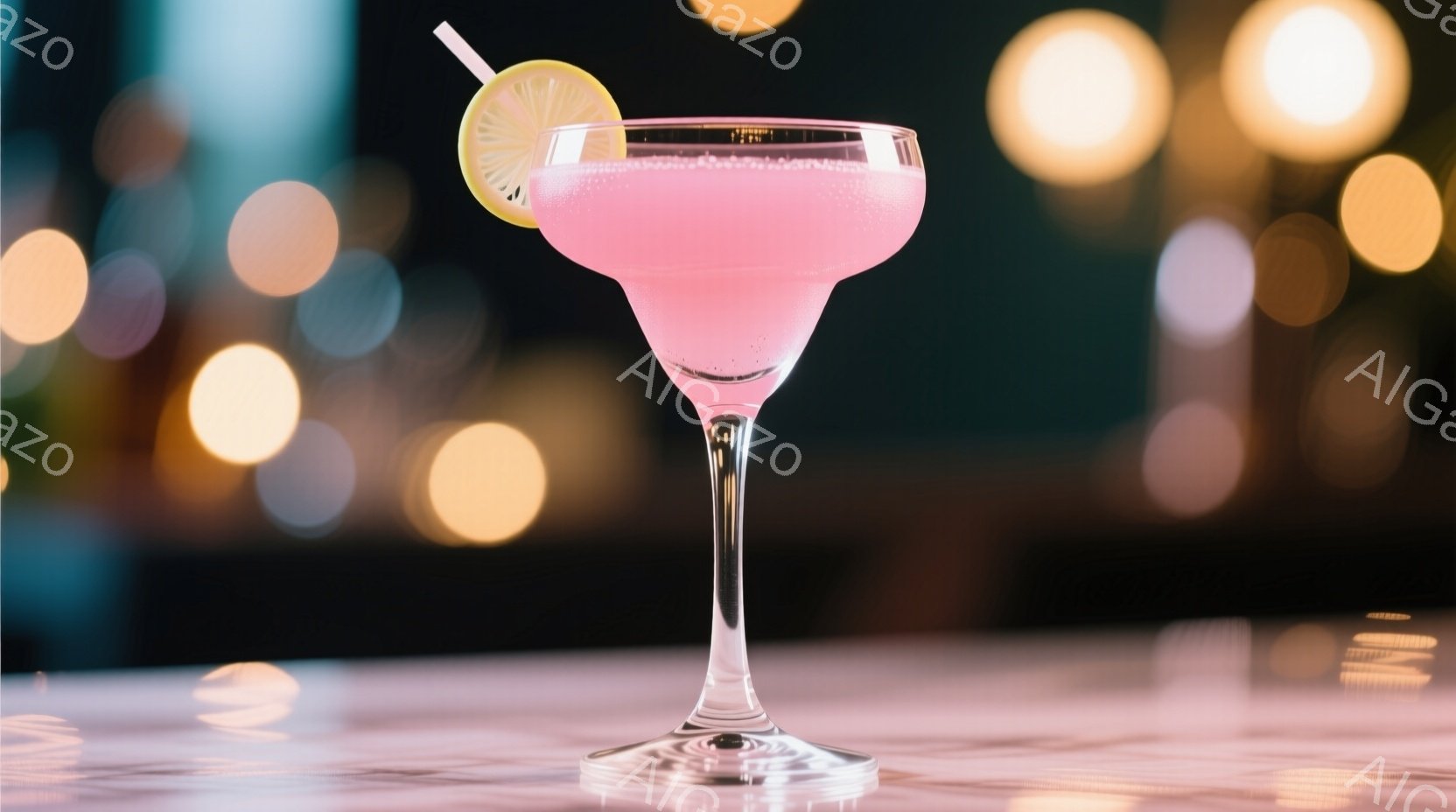 ピンク色のカクテルが、透明なグラスに注がれており、レモンのスライスとストローが添えられています。背景はぼやけた光のぼかしで、バーカウンターのような、光沢のある白い表面に置かれています。 全体的に、洗練された、心地よい雰囲気で、夜のバーやラウンジのような空間を連想させます。