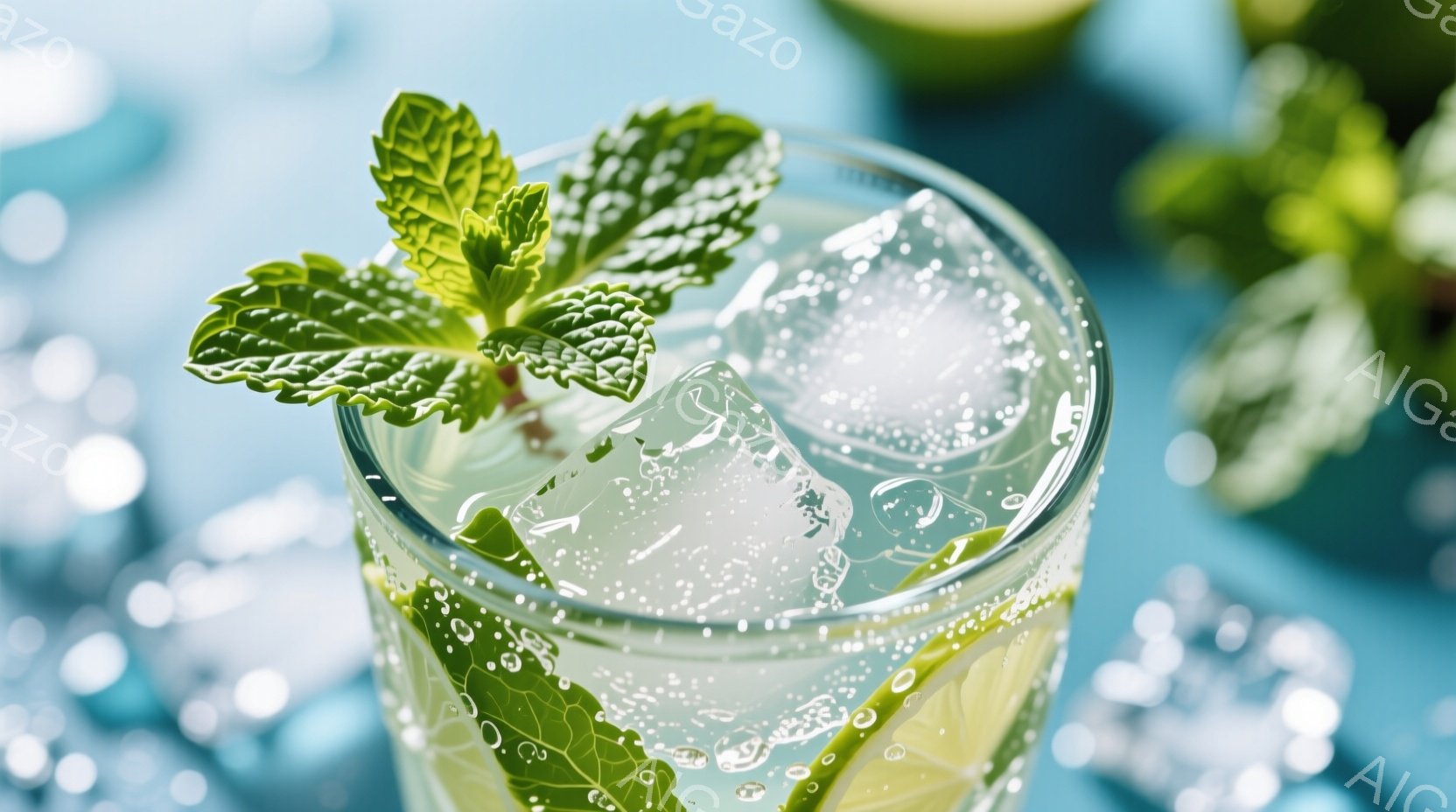 グラスの中に炭酸飲料と氷、そしてフレッシュなミントの葉が詰め込まれています。背景は淡い青色で、光が反射してキラキラと輝いており、爽やかな夏の日の雰囲気を醸し出しています。ミントの葉の鮮やかな緑色が、炭酸飲料の透明感とコントラストをなしています。