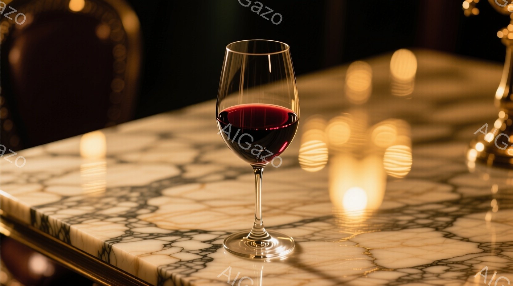 白大理石のテーブルの上に、赤ワインが半ほど入ったワイングラスが置かれている。背景はぼやけており、暖色の光が灯っていて、豪華で落ち着いた雰囲気を感じさせる。グラスの反射と大理石の模様が、洗練された印象を - AI生成フリー素材